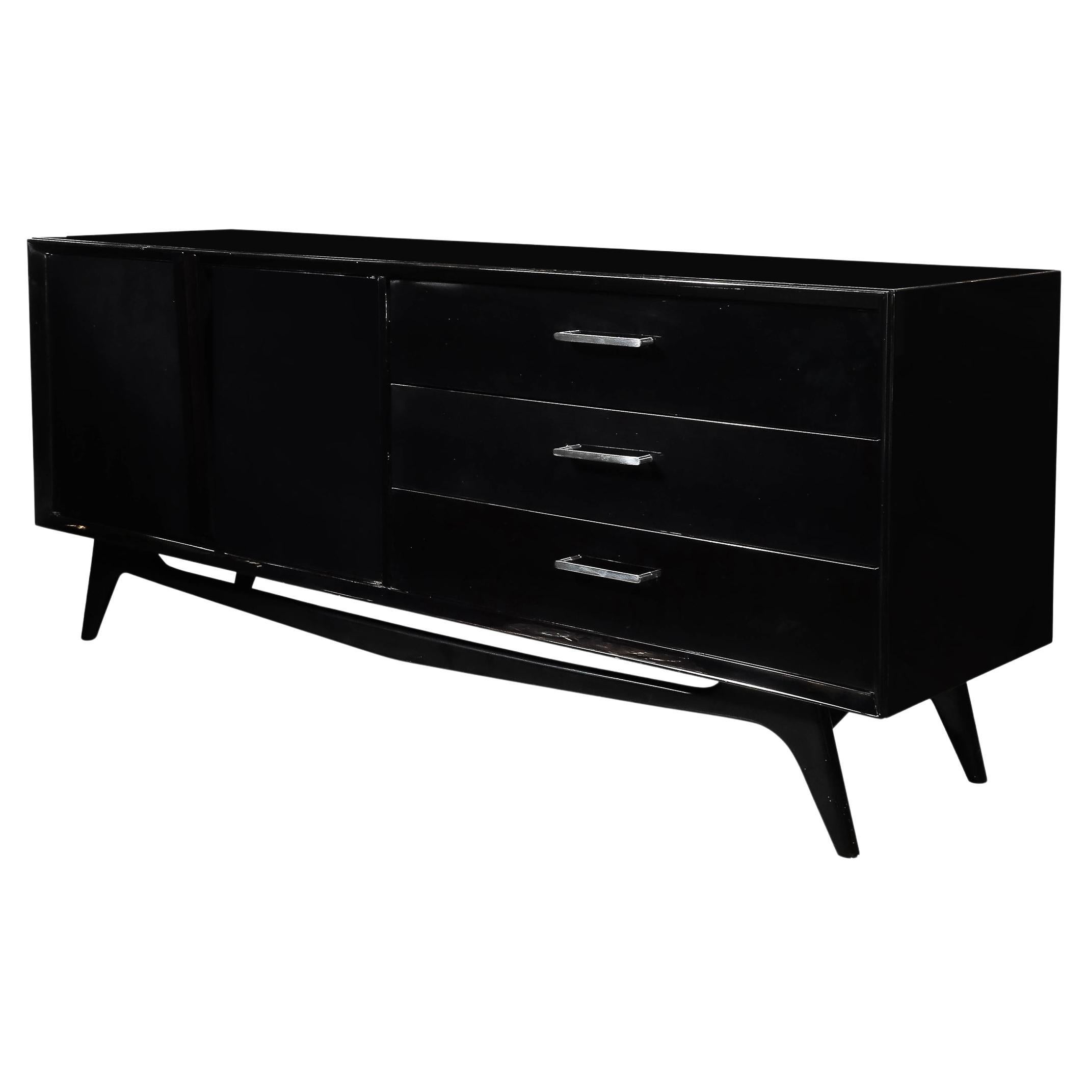 Mid-Century Modernist Sculptural Sideboard in Ebonized Walnut W/ Nickel Pulls For Sale