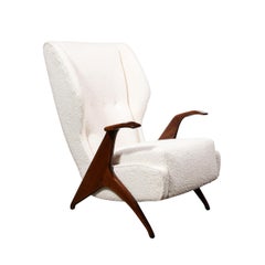 Mid-Century Modernist Sculptural Walnut Arm Chairs in Holly Hunt Boucle Fabric