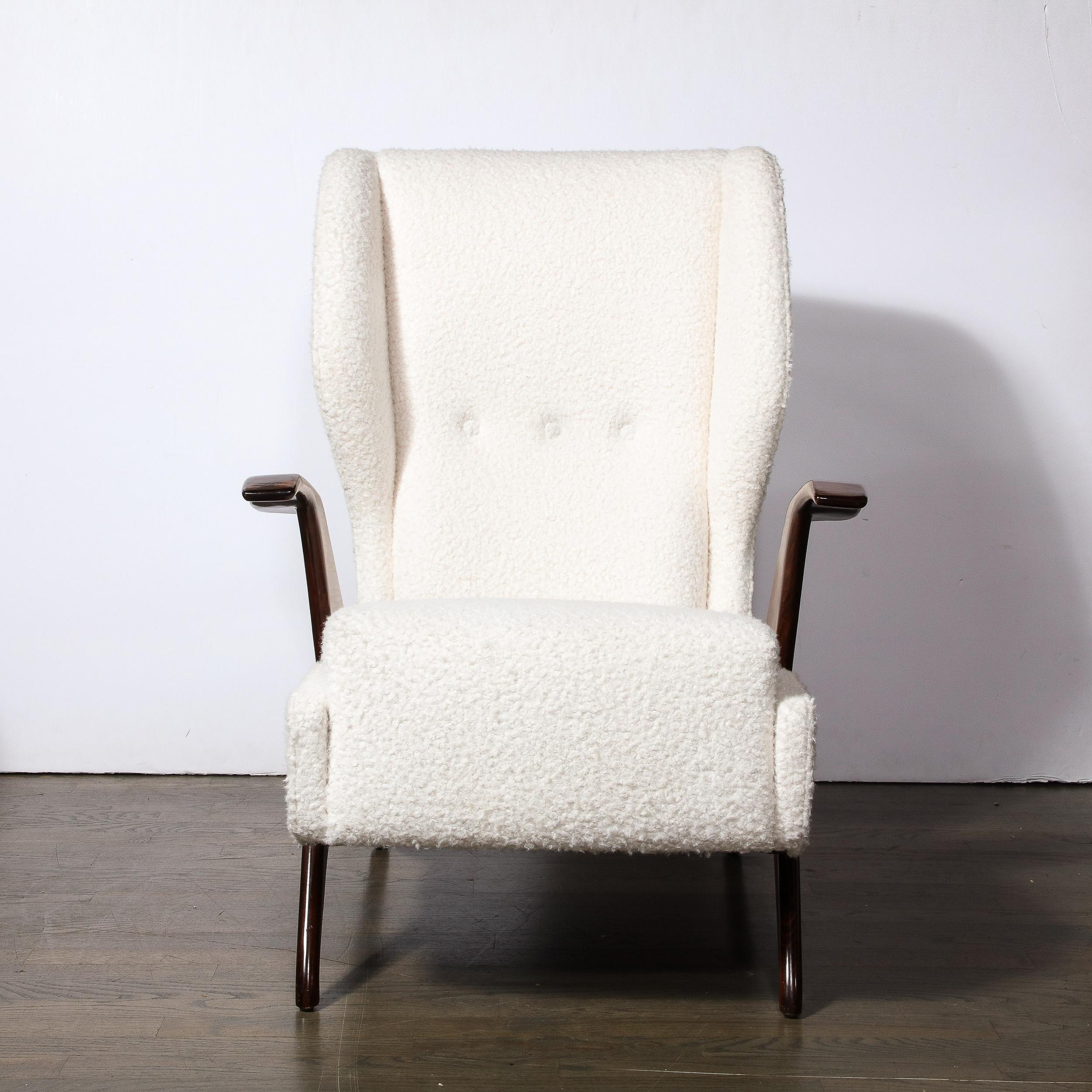 Italian Mid-Century Modernist Sculptural Walnut Arm Chairs in Holly Hunt Boucle Fabric For Sale