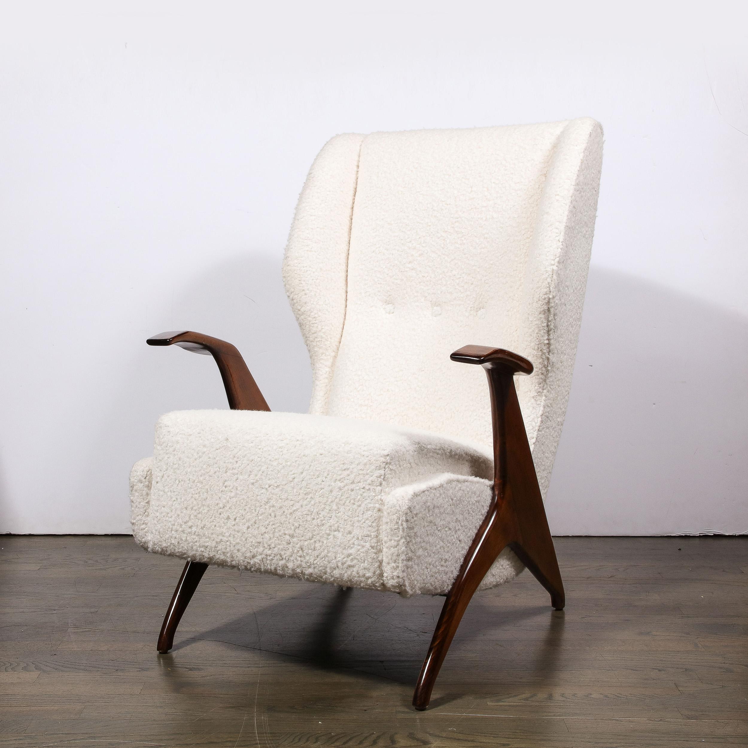 Mid-Century Modernist Sculptural Walnut Arm Chairs in Holly Hunt Boucle Fabric In Excellent Condition For Sale In New York, NY
