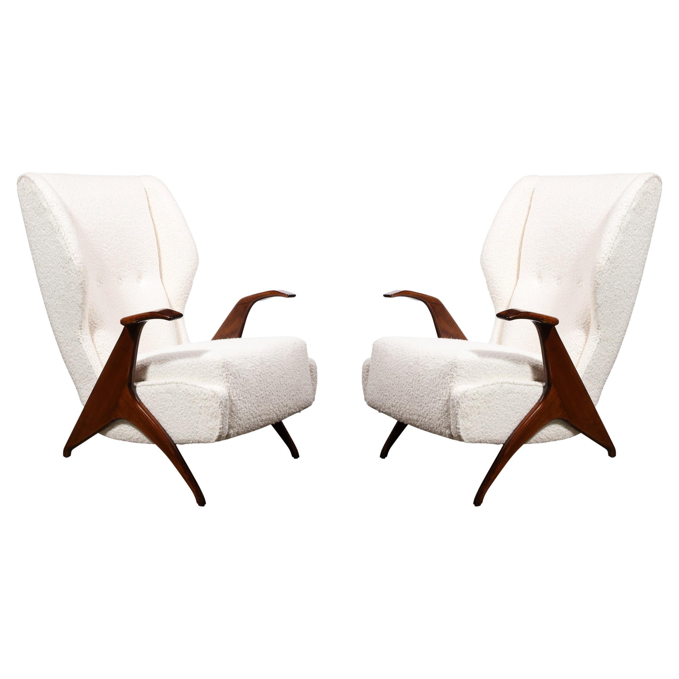 Mid-Century Modernist Sculptural Walnut Arm Chairs in Holly Hunt Boucle Fabric For Sale