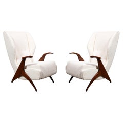 Vintage Mid-Century Modernist Sculptural Walnut Arm Chairs in Holly Hunt Boucle Fabric