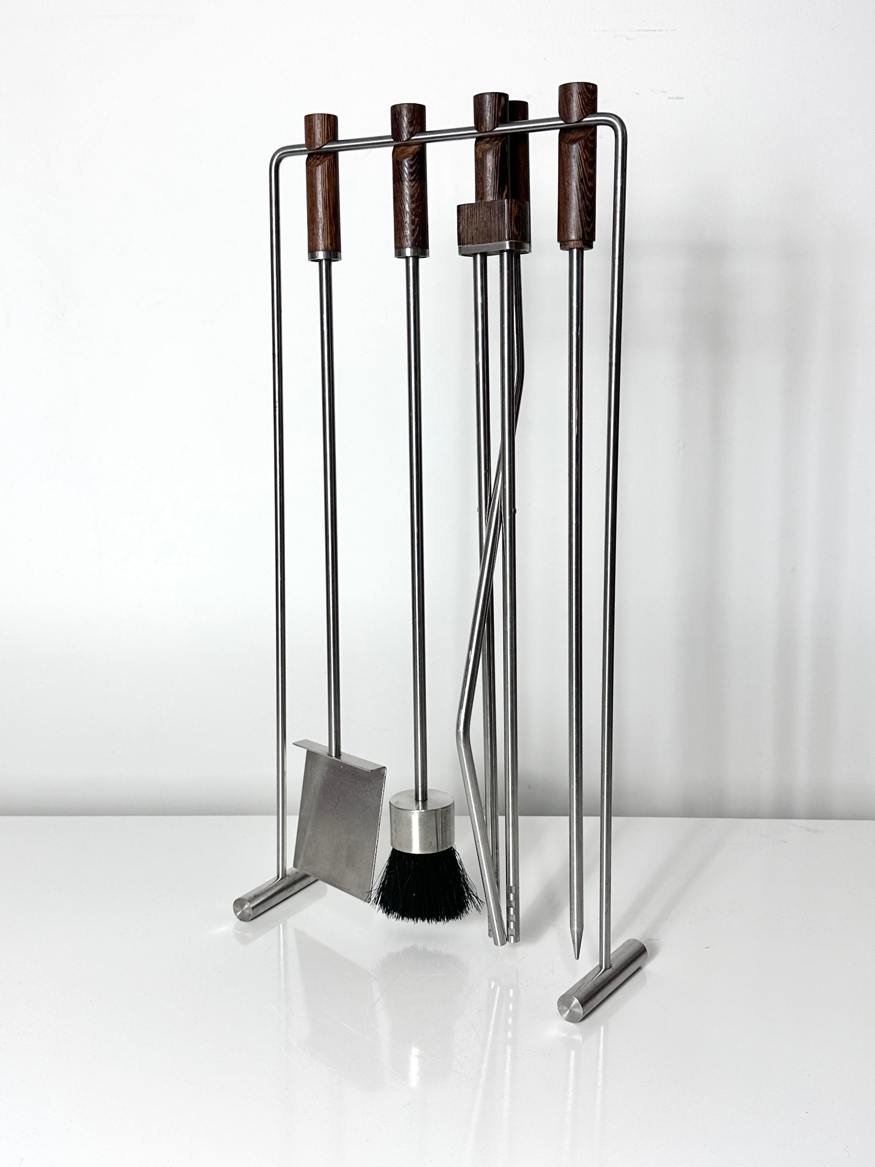 Mid-Century Modern Mid Century Modernist Set Fireplace Tools Stainless Steel & Wenge Circa 1970s For Sale
