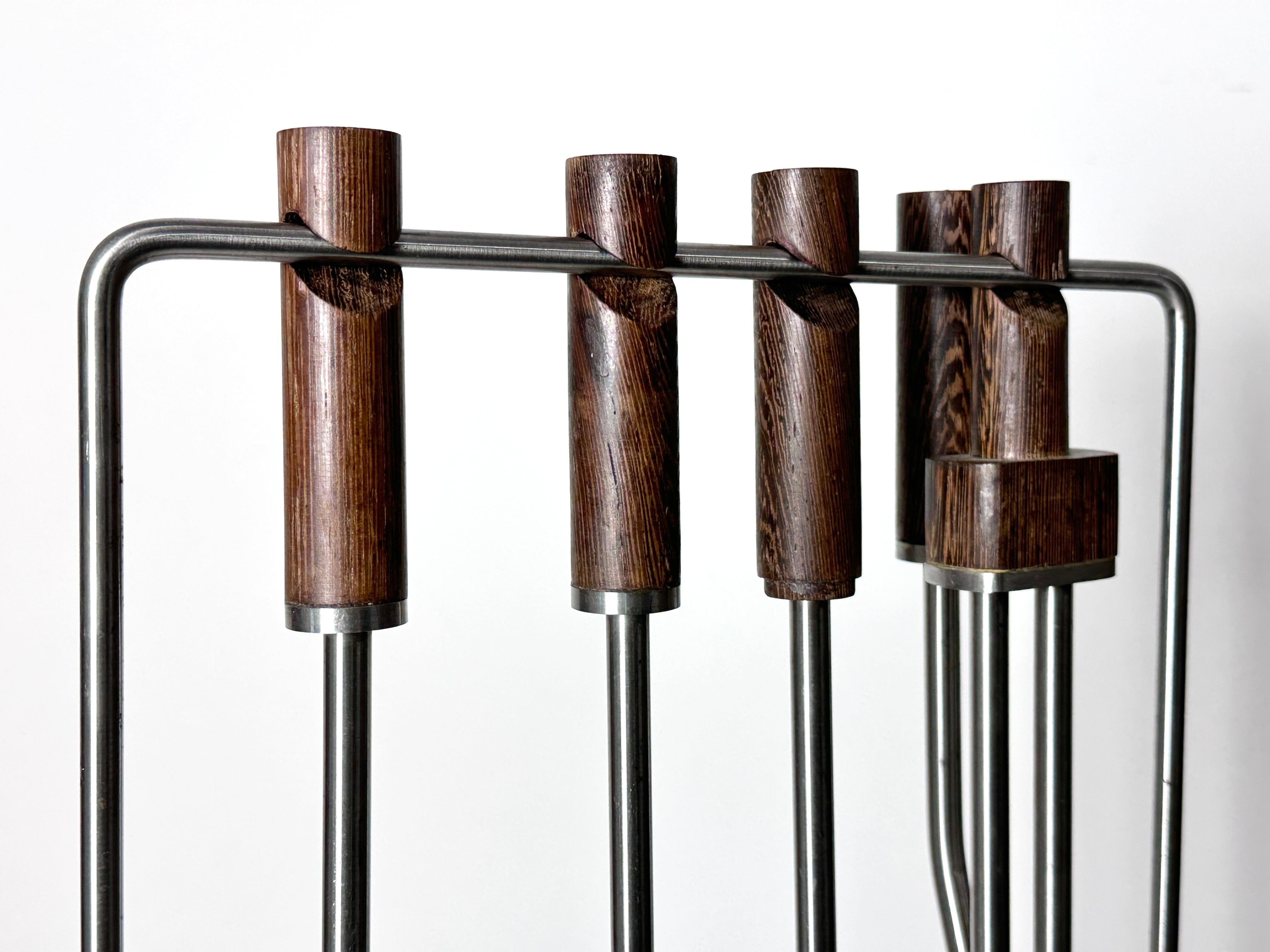 Mid Century Modernist Set Fireplace Tools Stainless Steel & Wenge Circa 1970s In Good Condition For Sale In Troy, MI