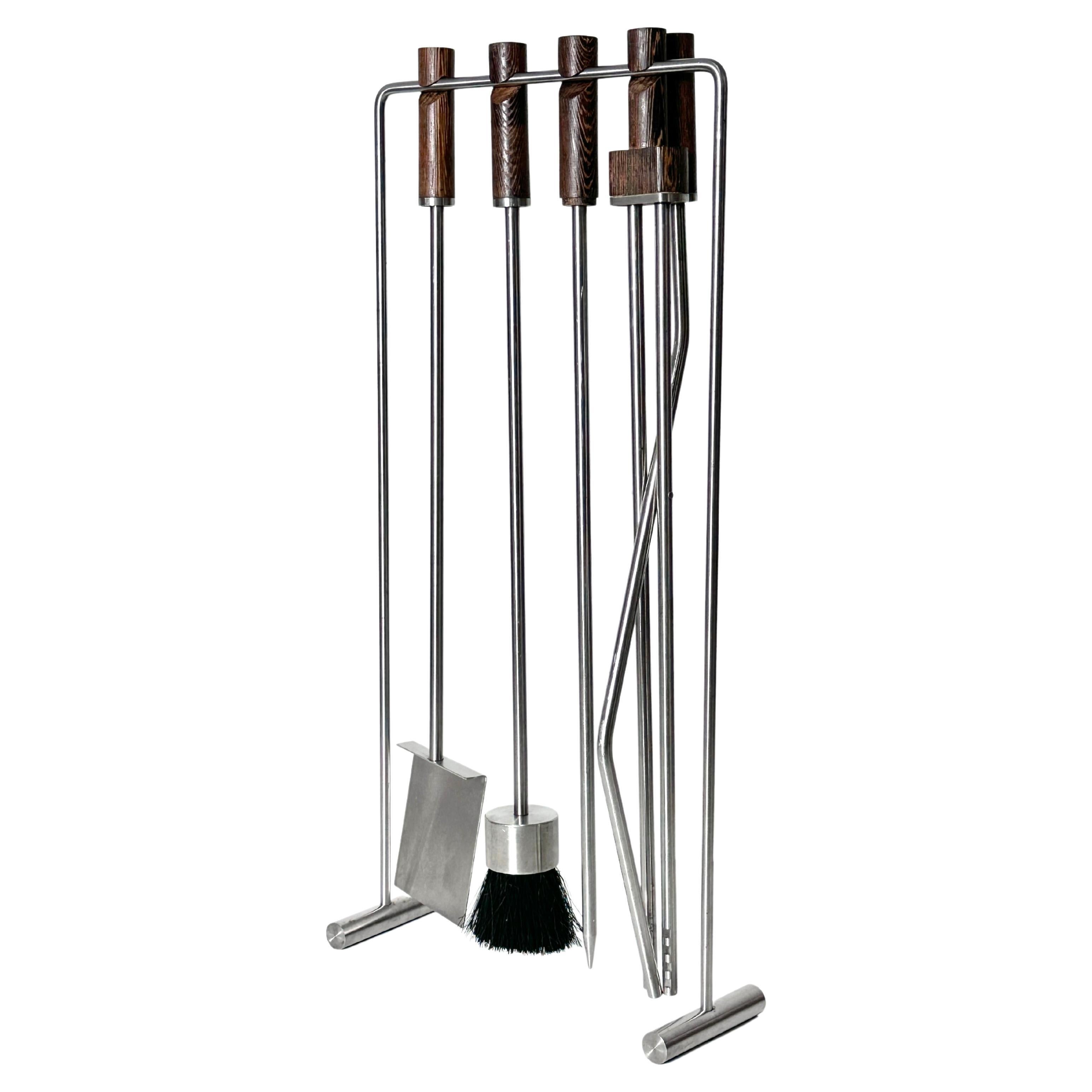 Set di strumenti per caminetto del Mid Century Modernist Acciaio inossidabile e wengé, circa anni '70