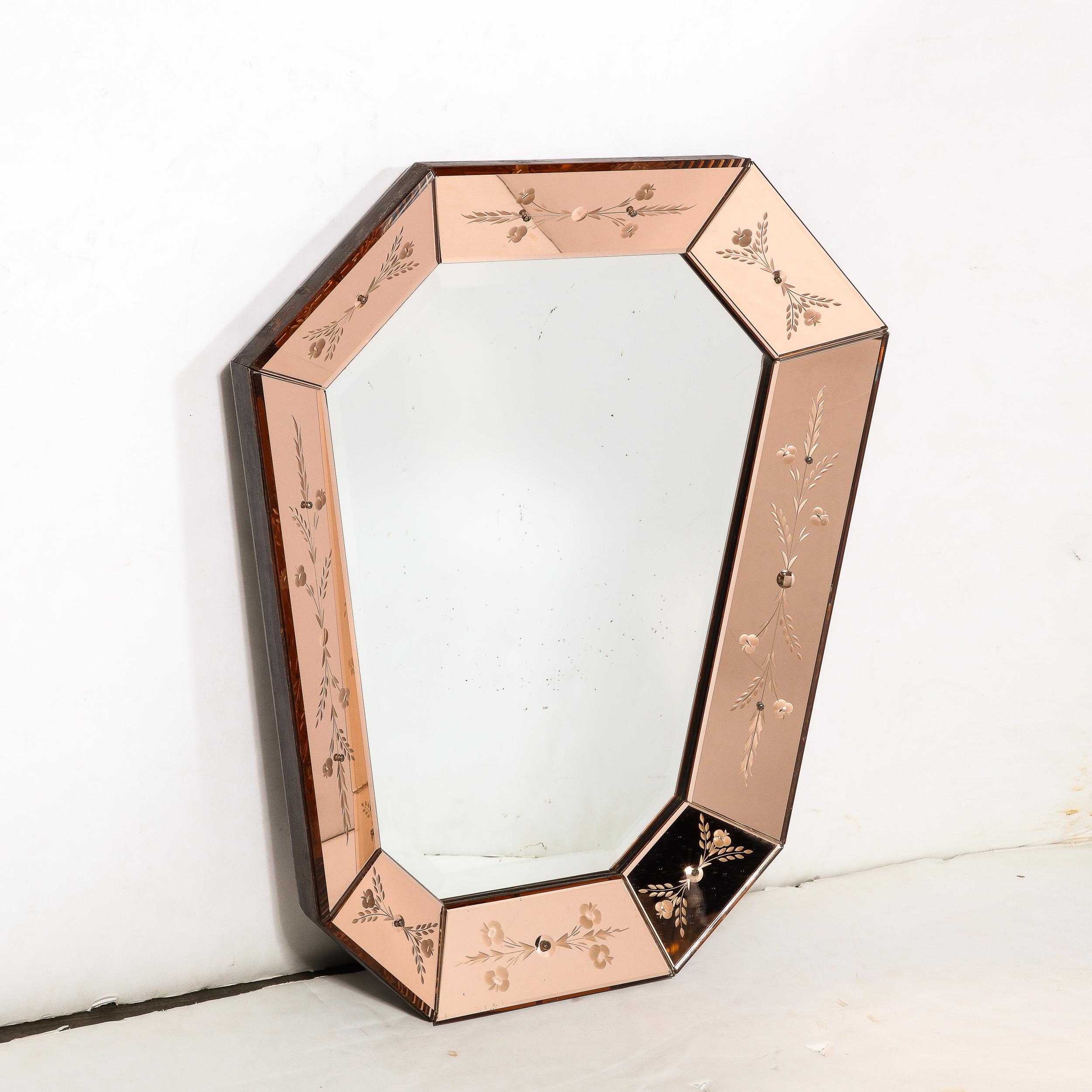 French Mid-Century Modernist Shadowbox Mirror with Reversed Etching in Smoked Rose  For Sale