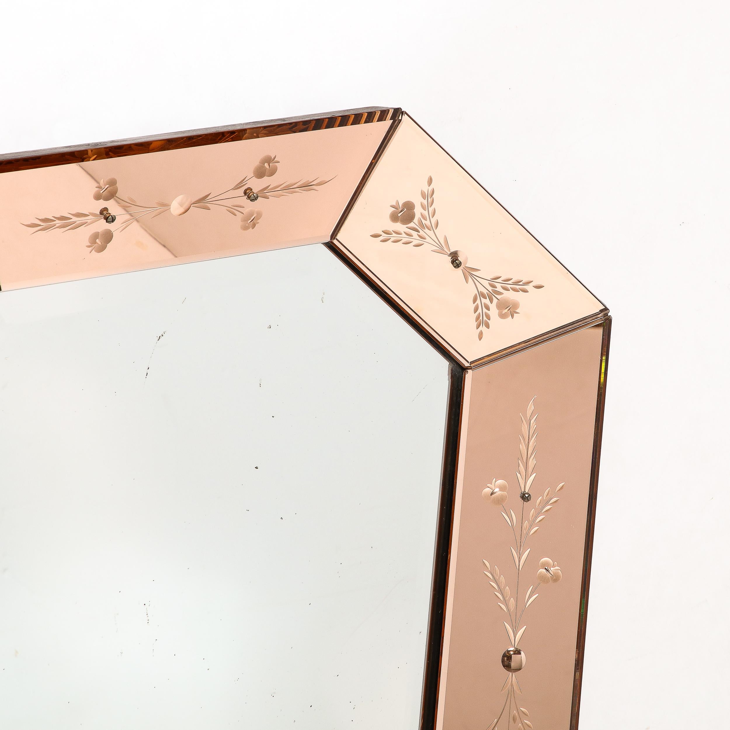 Beveled Mid-Century Modernist Shadowbox Mirror with Reversed Etching in Smoked Rose  For Sale
