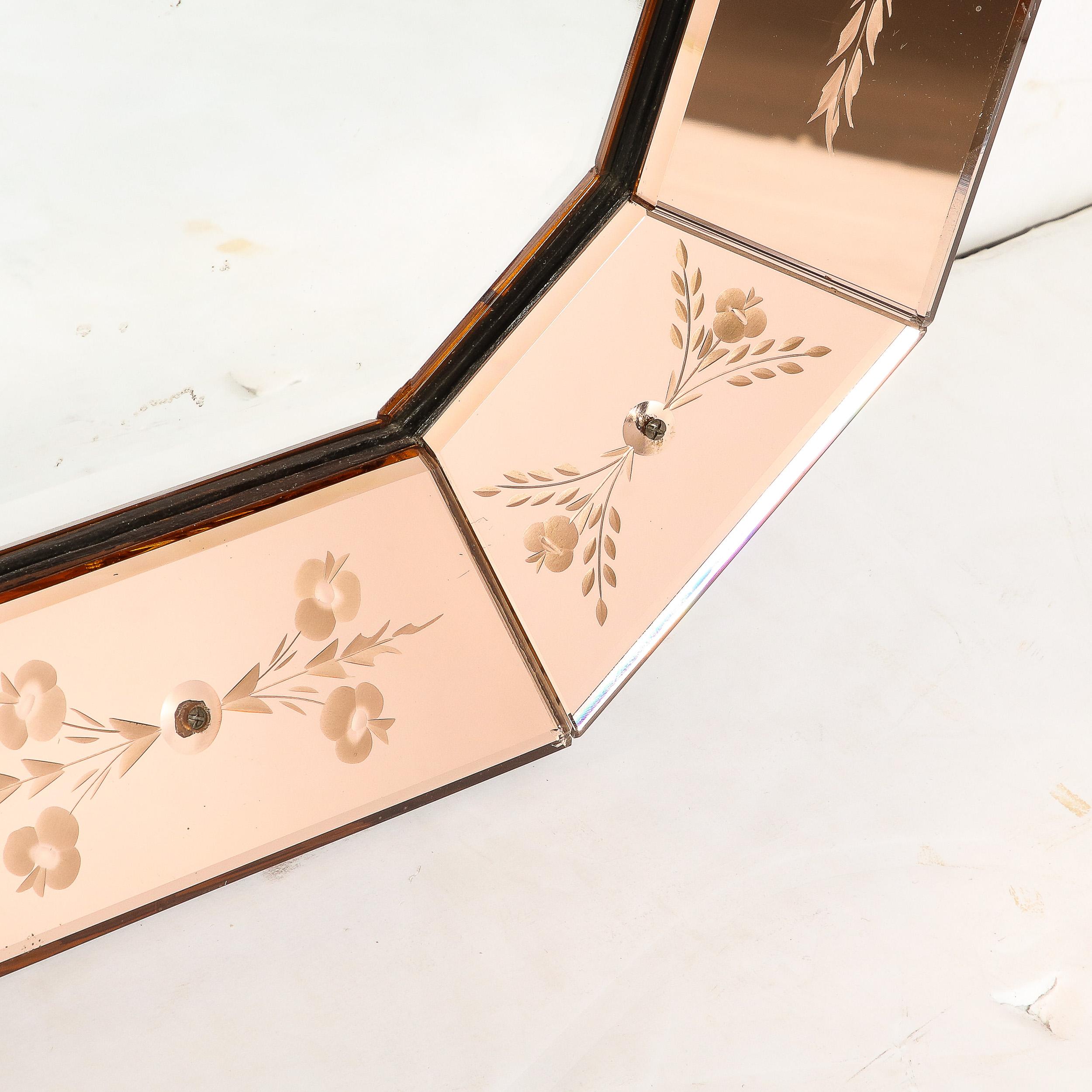 Mid-Century Modernist Shadowbox Mirror with Reversed Etching in Smoked Rose  In Excellent Condition For Sale In New York, NY