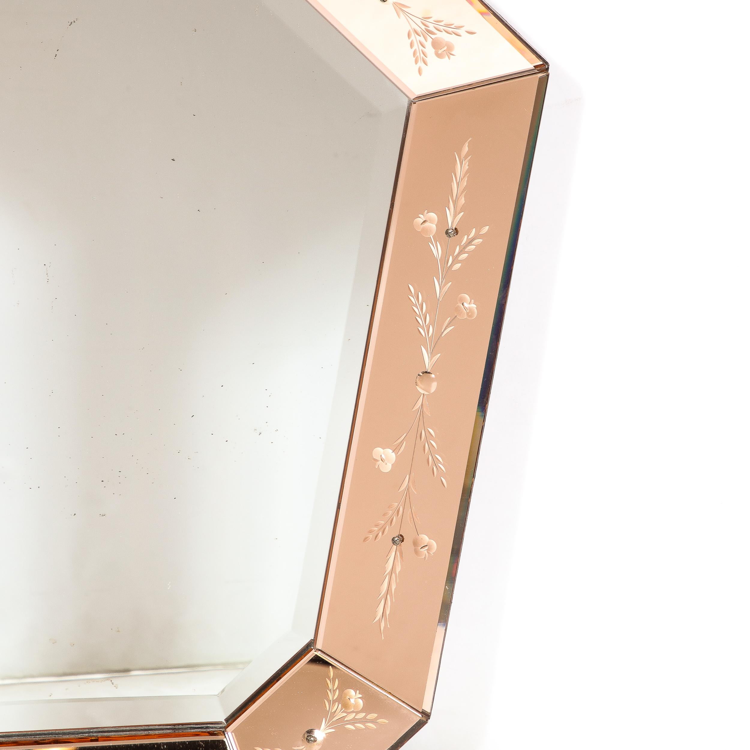 Glass Mid-Century Modernist Shadowbox Mirror with Reversed Etching in Smoked Rose  For Sale