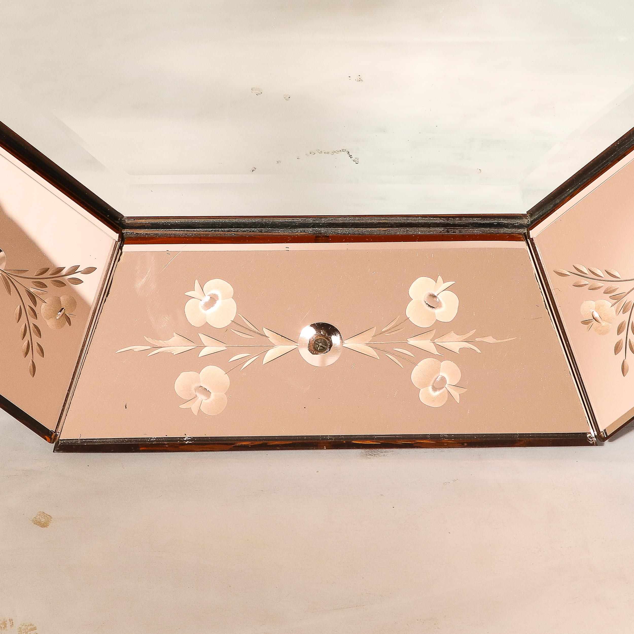 Mid-Century Modernist Shadowbox Mirror with Reversed Etching in Smoked Rose  For Sale 1