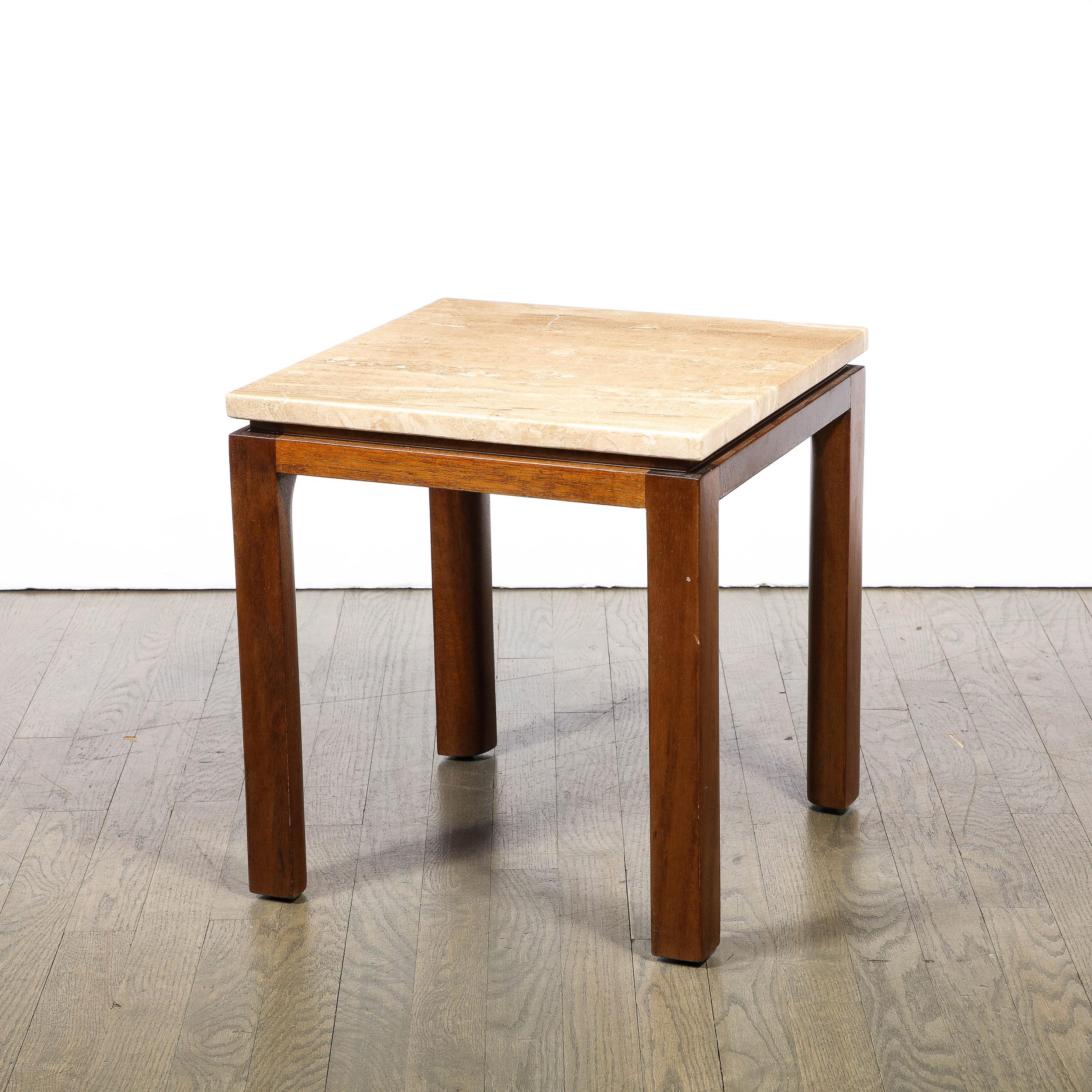 American Mid-Century Modernist Side Table in Walnut & Travertine Marble by Harvey Probber For Sale
