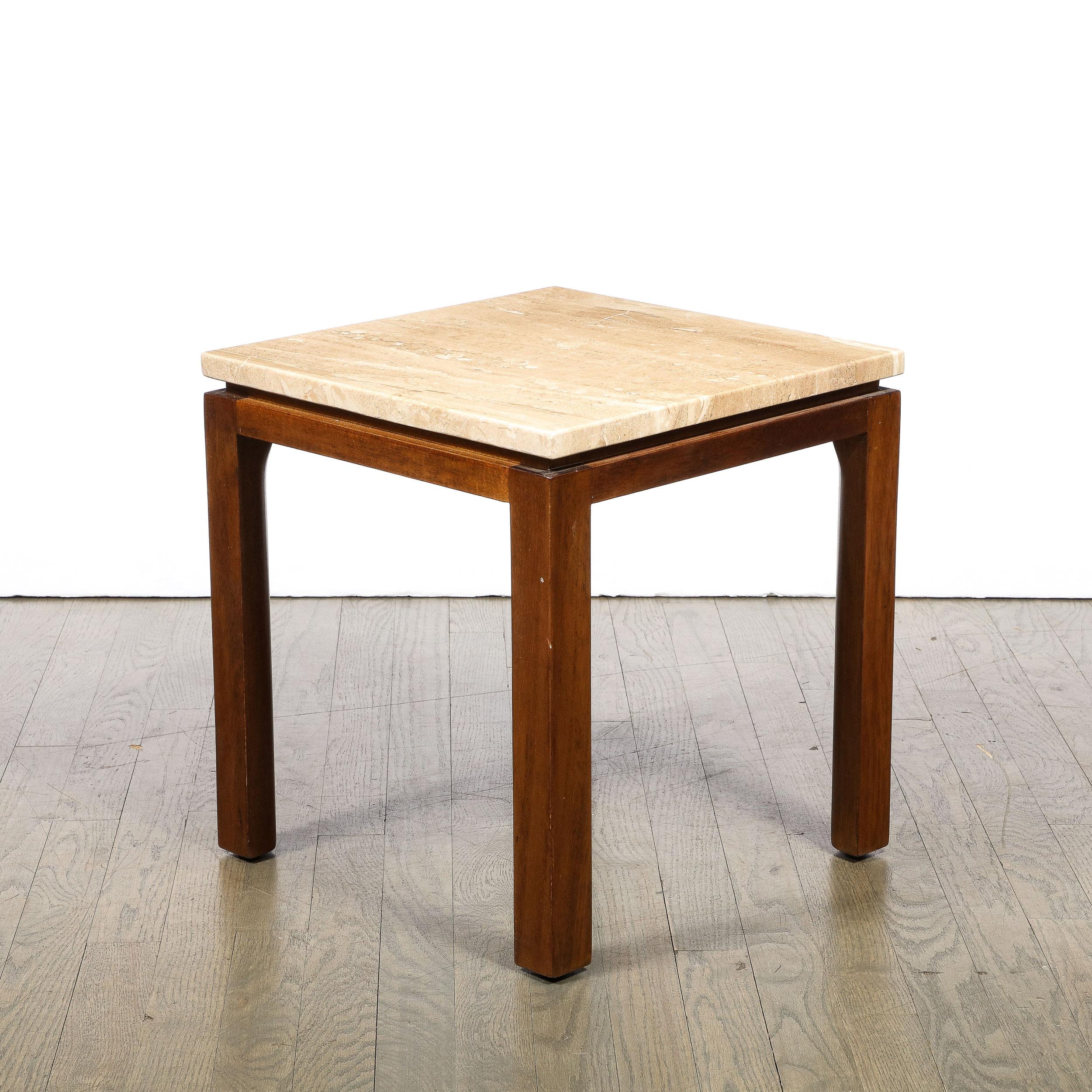 Mid-Century Modernist Side Table in Walnut & Travertine Marble by Harvey Probber In Excellent Condition For Sale In New York, NY