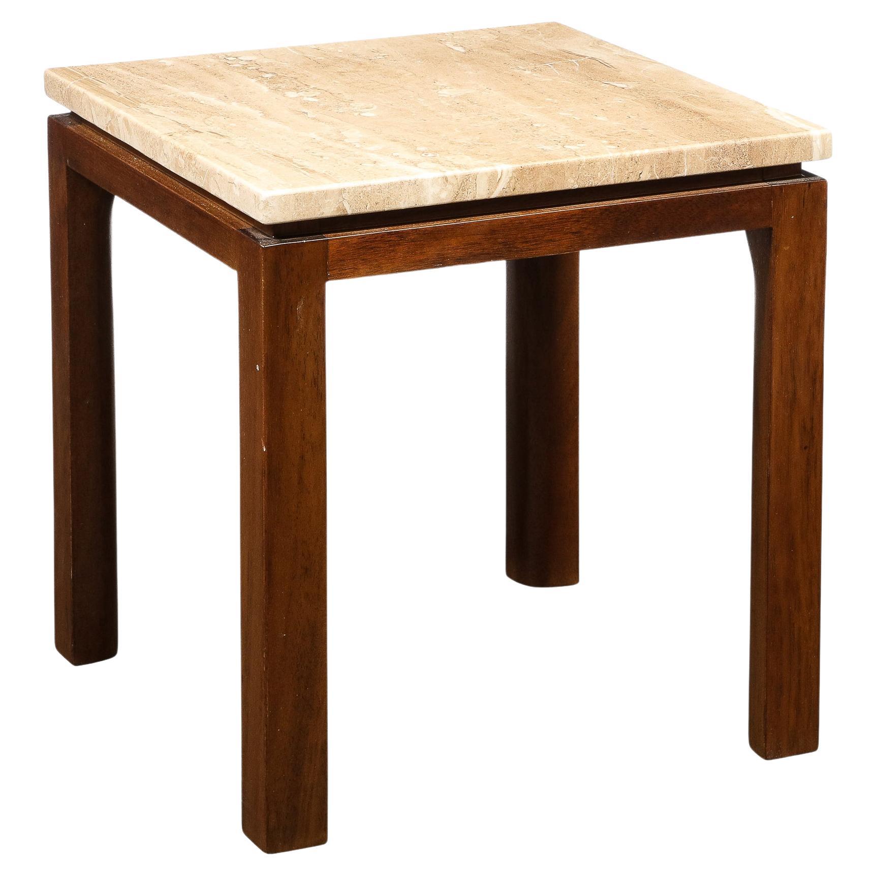 Mid-Century Modernist Side Table in Walnut & Travertine Marble by Harvey Probber For Sale