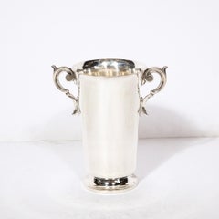 Mid-Century Modernist  Silver Plate Ice Bucket W/ Stylized Scroll Form Handle