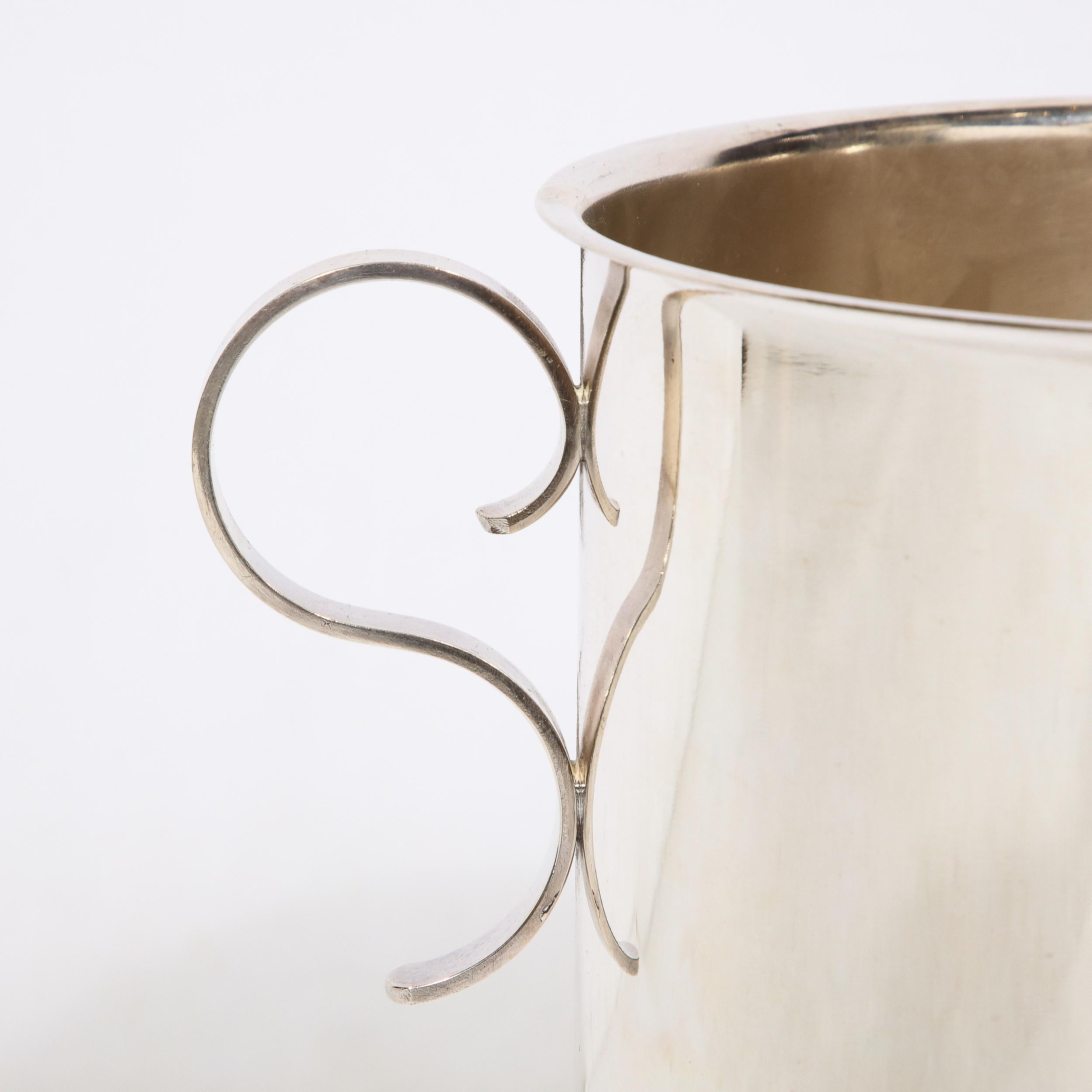 French Mid-Century Modernist Silver Plate  Ice Bucket with Minimal Scroll Form Handles