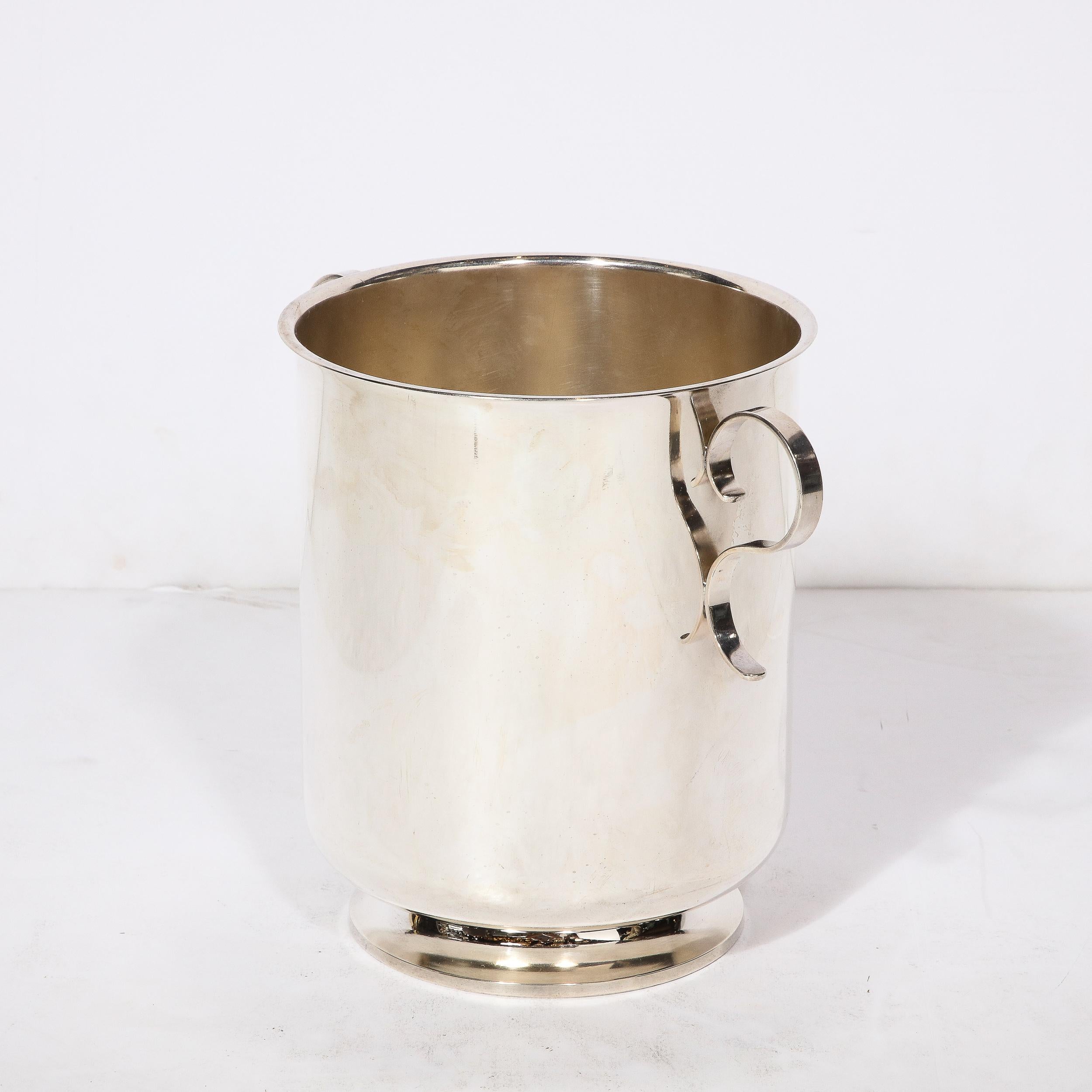 Sterling Silver Mid-Century Modernist Silver Plate  Ice Bucket with Minimal Scroll Form Handles