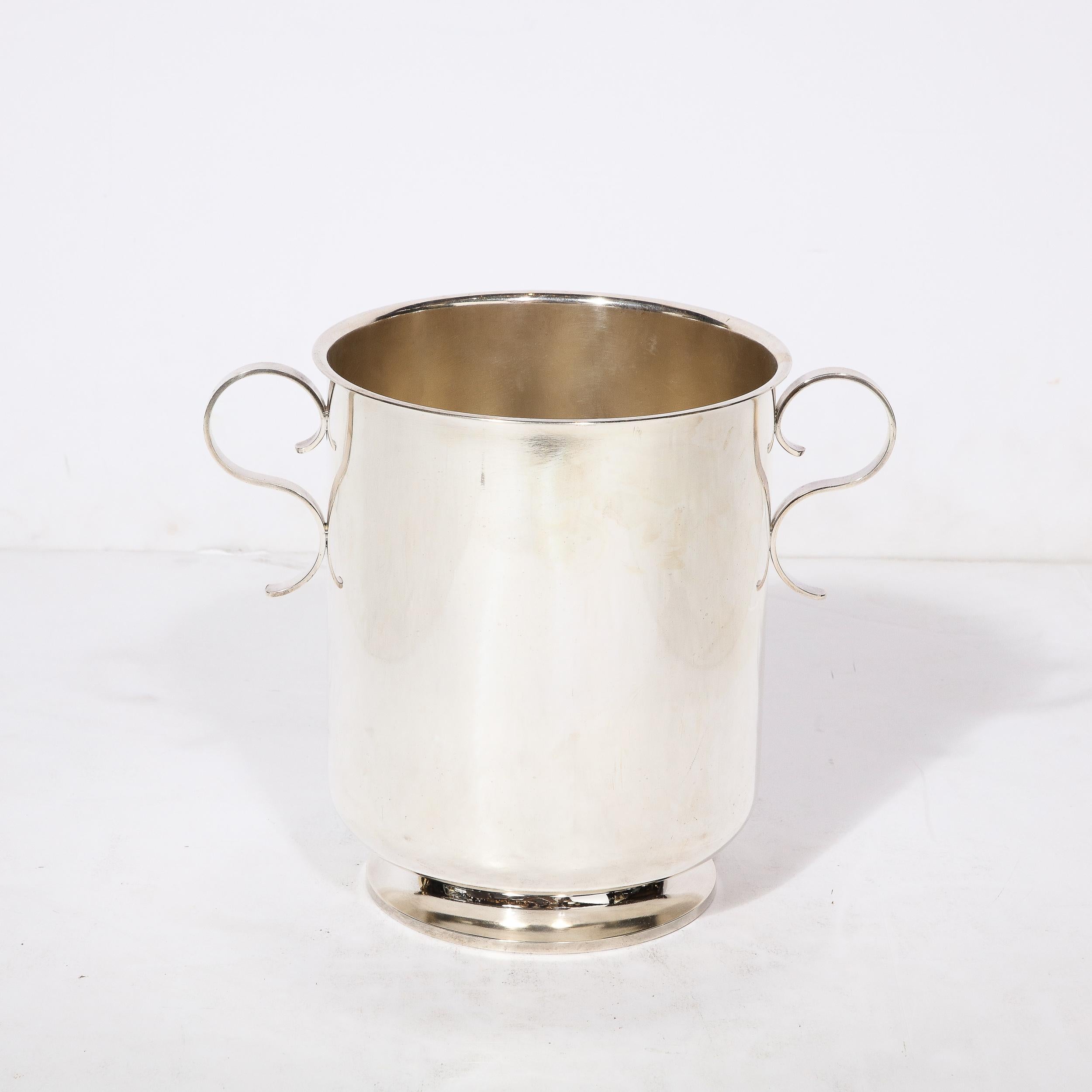 Mid-Century Modernist Silver Plate  Ice Bucket with Minimal Scroll Form Handles 1