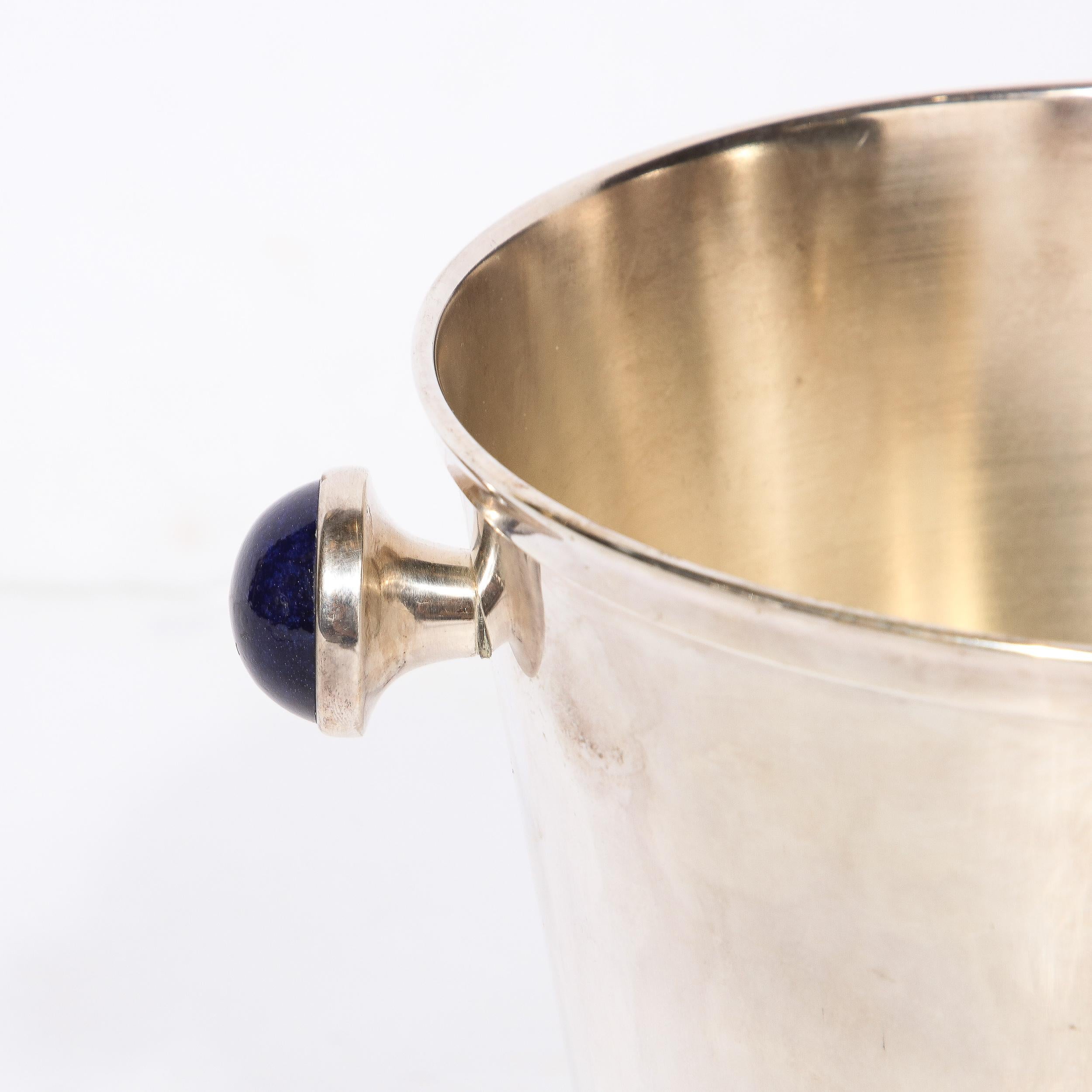 French Mid-Century Modernist  SilverPlate  Ice Bucket with Inlaid Lapis Lazuli For Sale