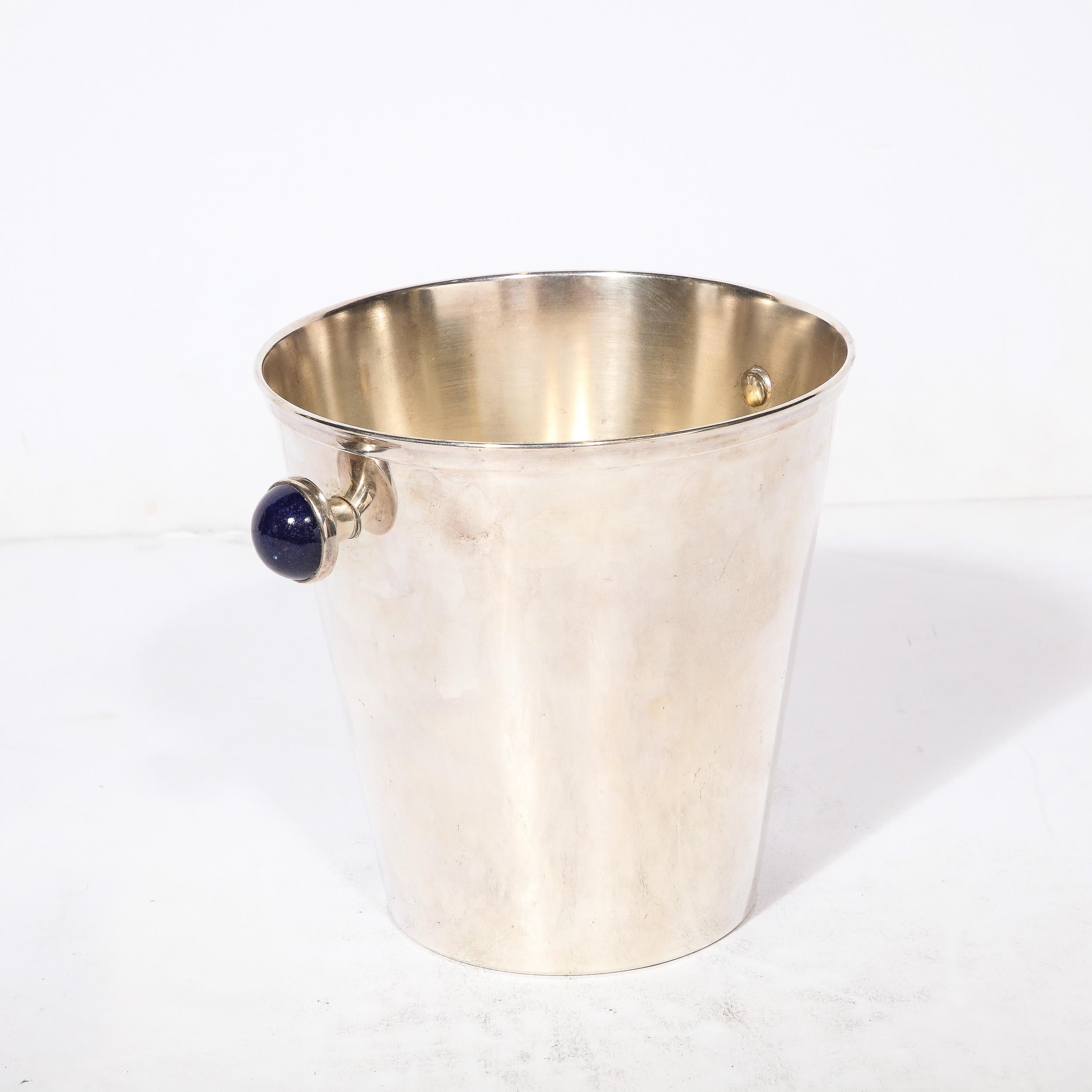 Inlay Mid-Century Modernist  SilverPlate  Ice Bucket with Inlaid Lapis Lazuli For Sale