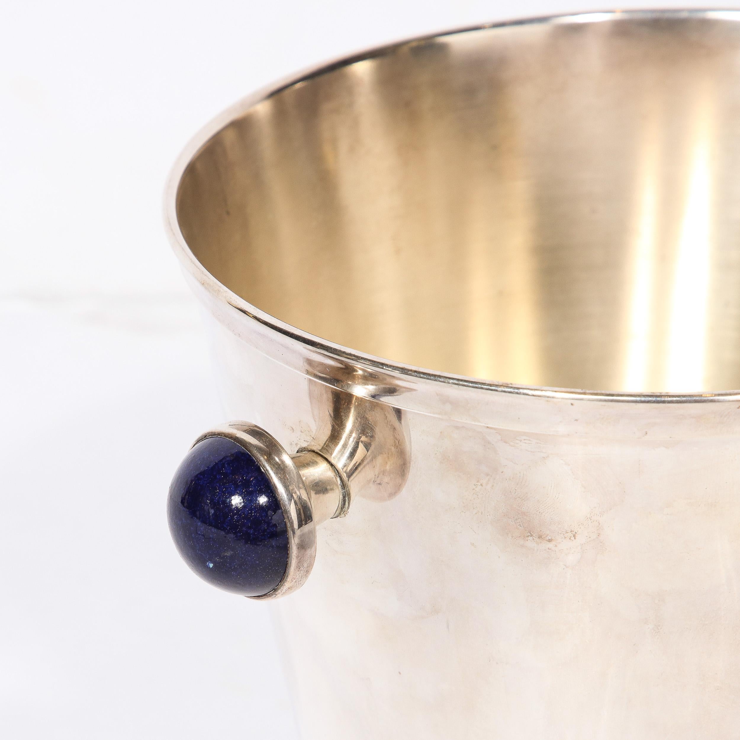 Mid-Century Modernist  SilverPlate  Ice Bucket with Inlaid Lapis Lazuli In Excellent Condition For Sale In New York, NY