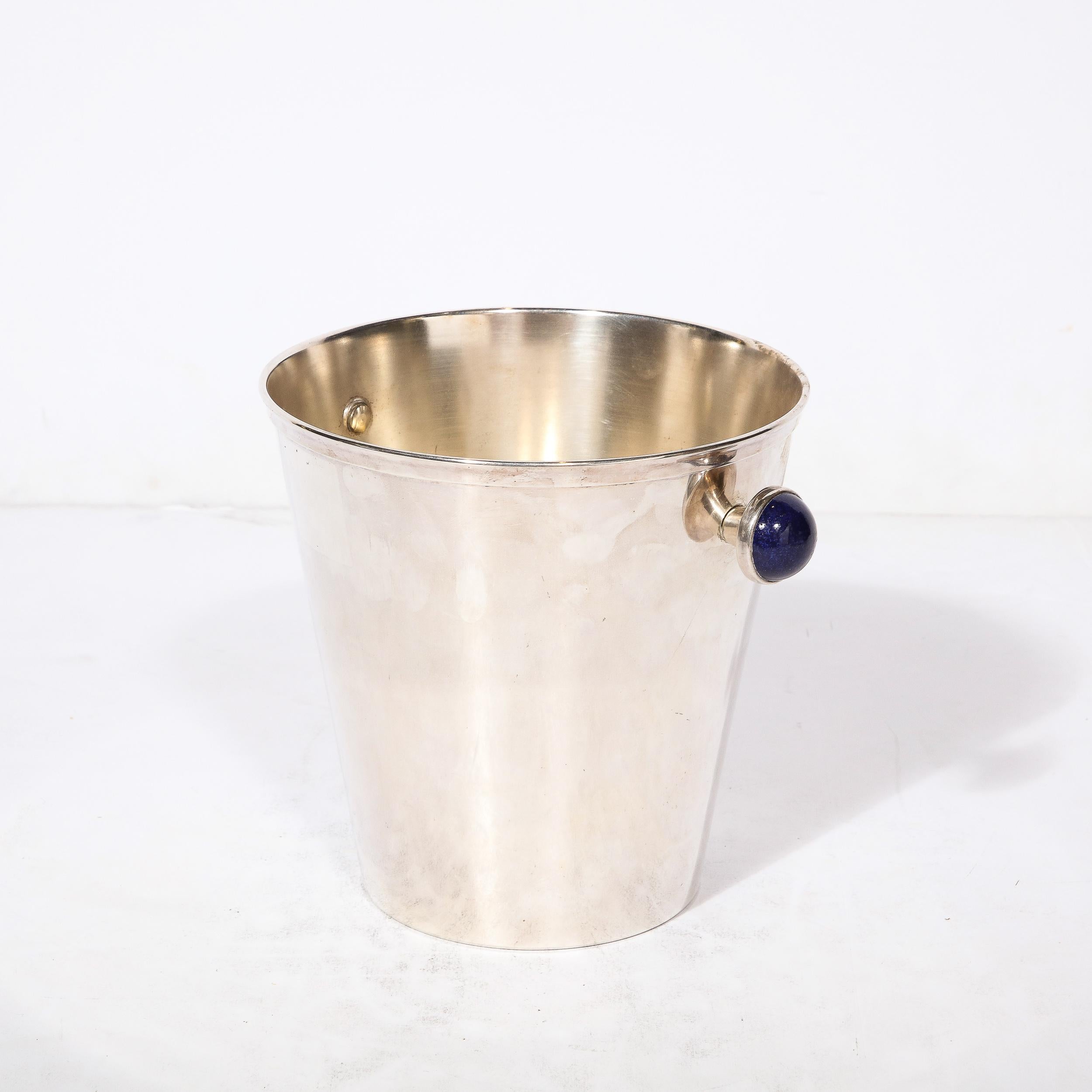 Sterling Silver Mid-Century Modernist  SilverPlate  Ice Bucket with Inlaid Lapis Lazuli For Sale