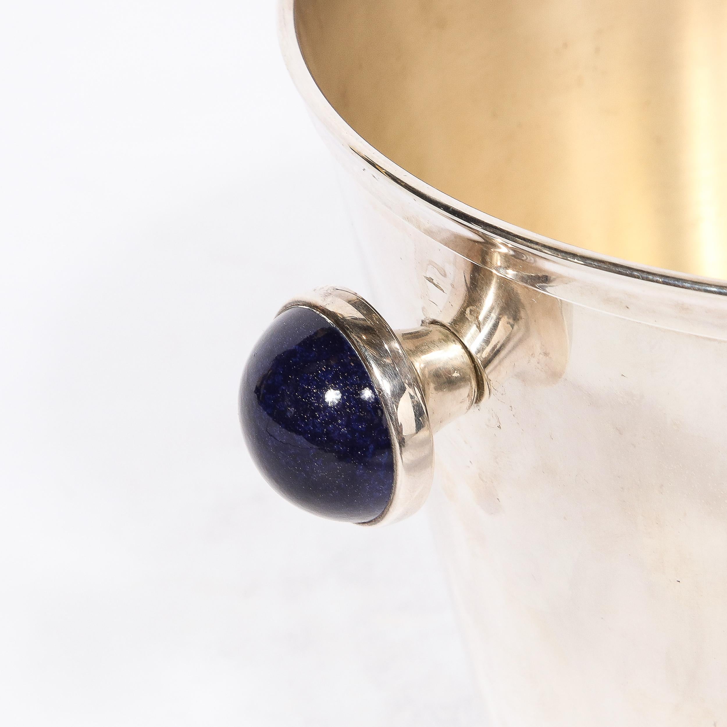 Mid-Century Modernist  SilverPlate  Ice Bucket with Inlaid Lapis Lazuli For Sale 2