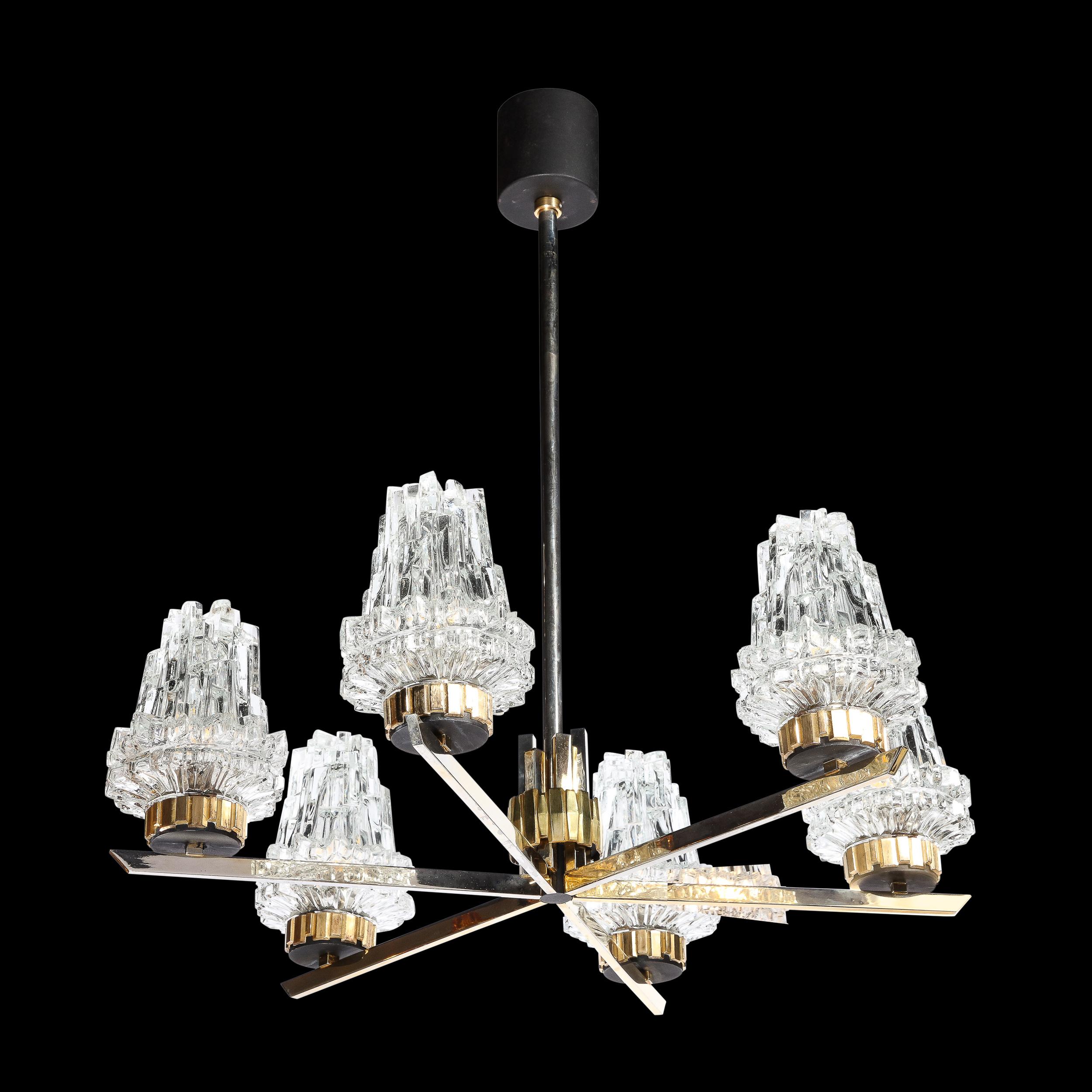 Mid-Century Modernist Six Arm Brass & Staggered Cubist Glass Chandelier  In Excellent Condition In New York, NY