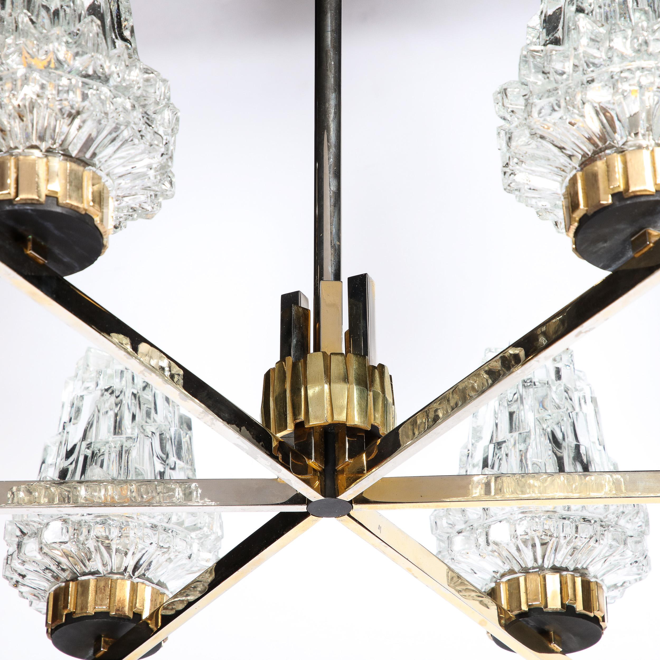 Mid-Century Modernist Six Arm Brass & Staggered Cubist Glass Chandelier  4