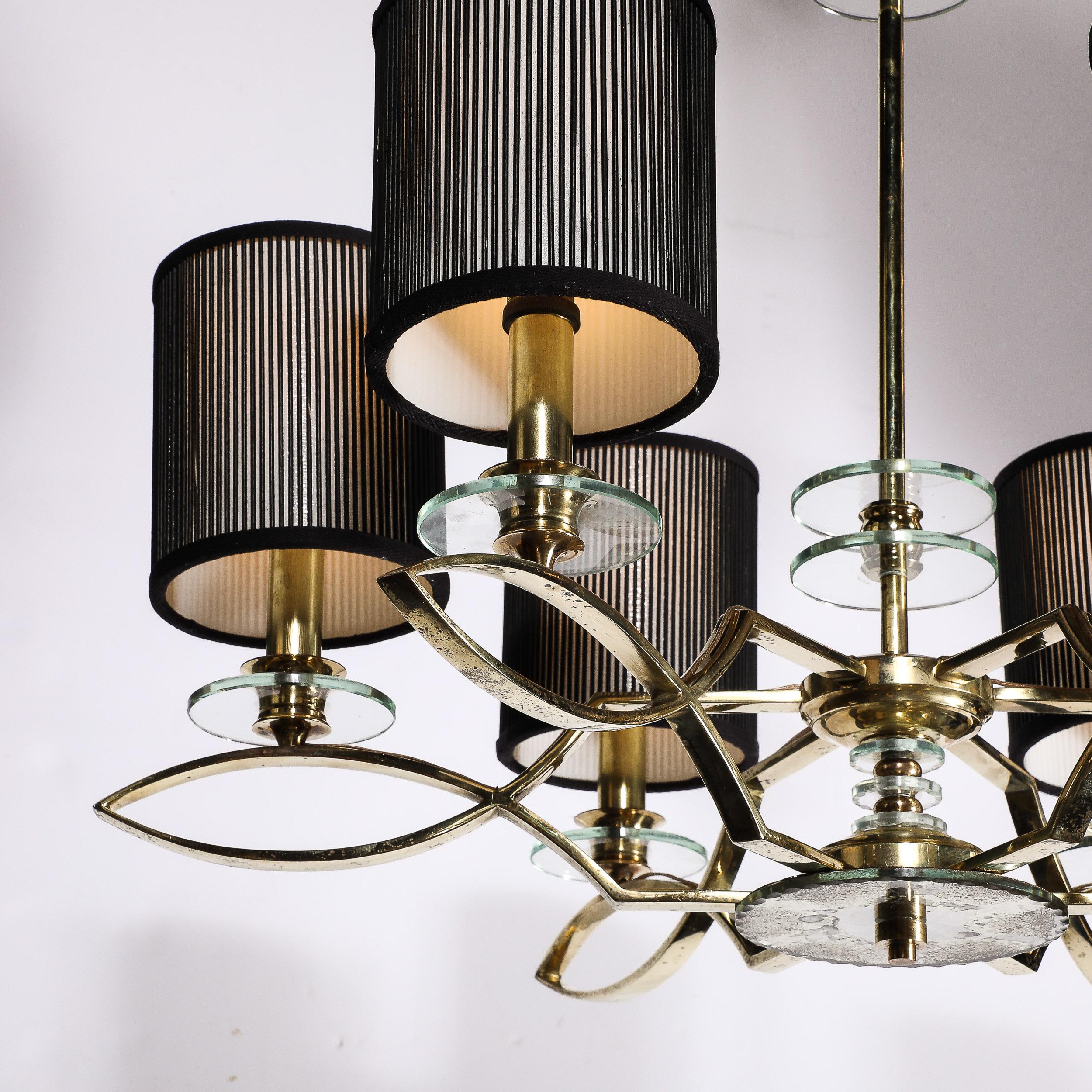 Mid-Century Modernist Six Arm Chandelier in Brass, Glass & Antiqued Mirror For Sale 5