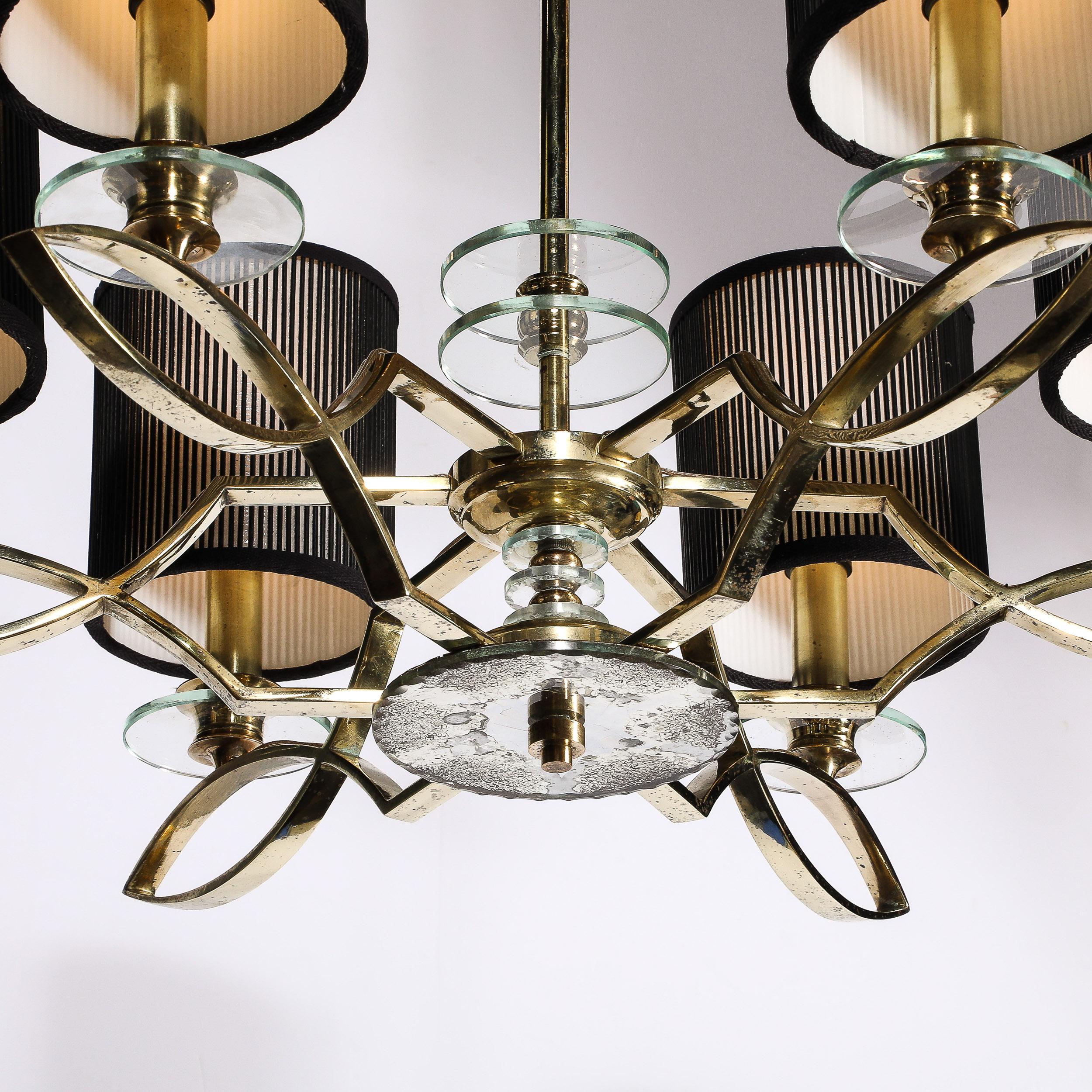 Mid-Century Modernist Six Arm Chandelier in Brass, Glass & Antiqued Mirror For Sale 6