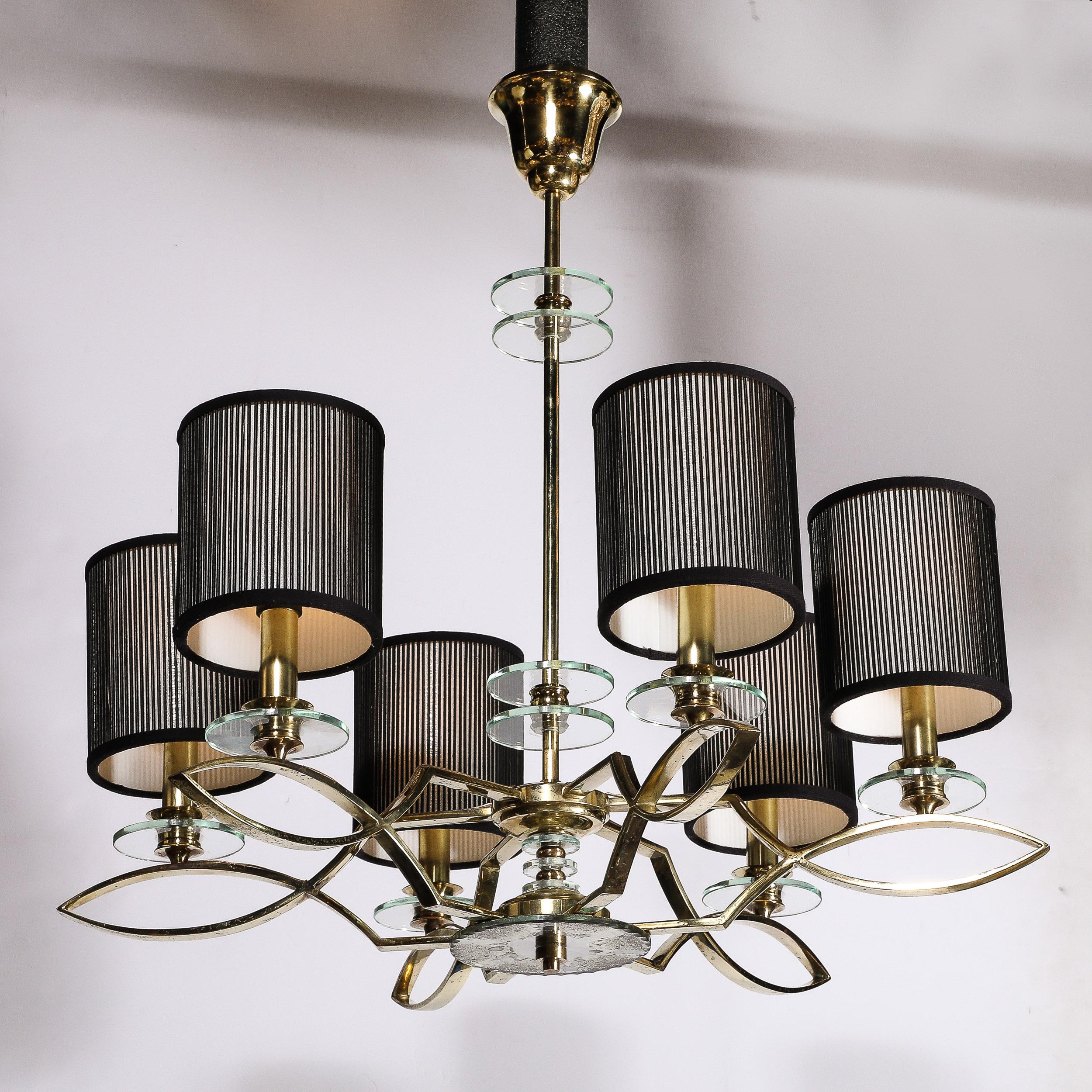 Mid-Century Modernist Six Arm Chandelier in Brass, Glass & Antiqued Mirror For Sale 7