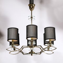 Mid-Century Modernist Six Arm Chandelier in Brass, Glass & Antiqued Mirror