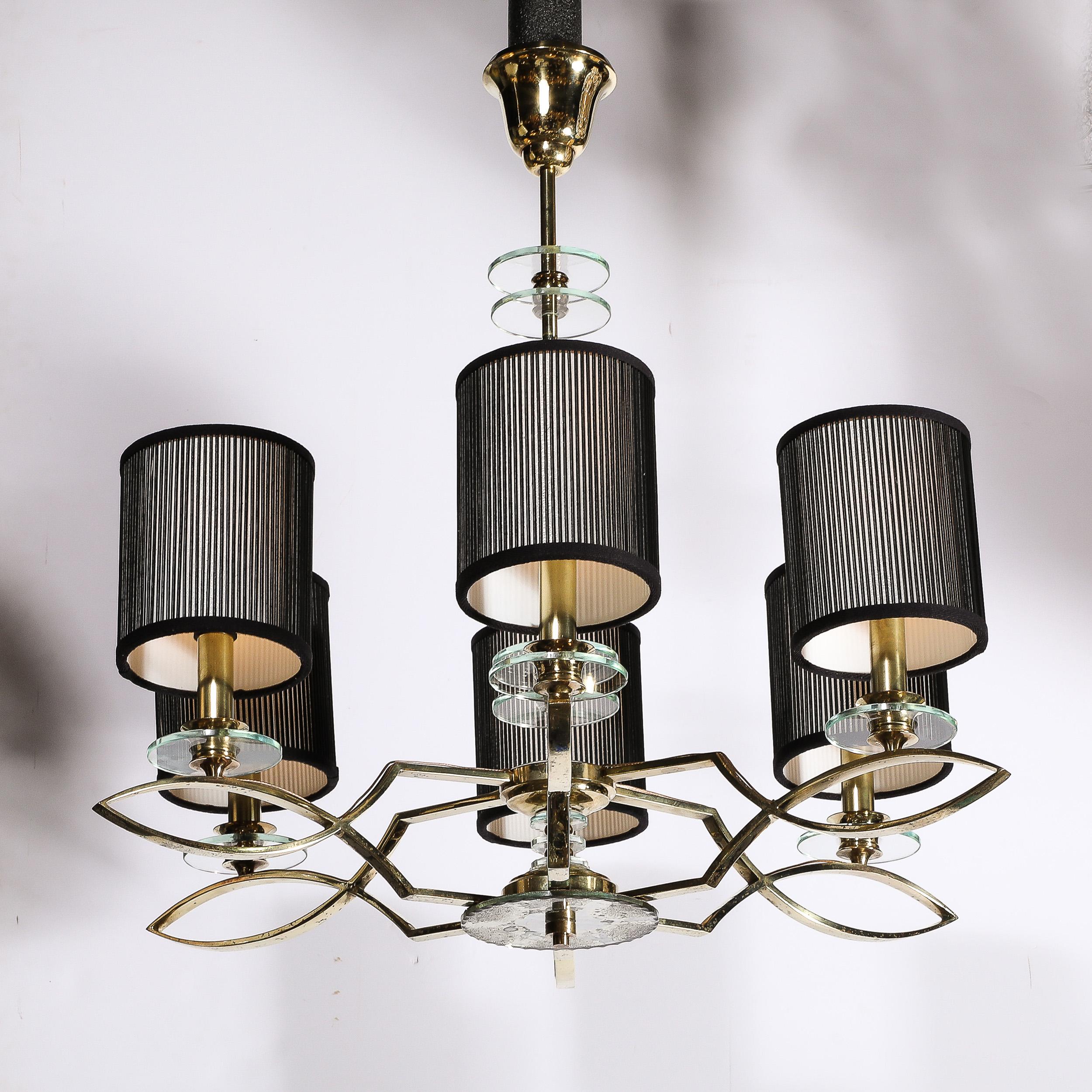 French Mid-Century Modernist Six Arm Chandelier in Brass, Glass & Antiqued Mirror For Sale