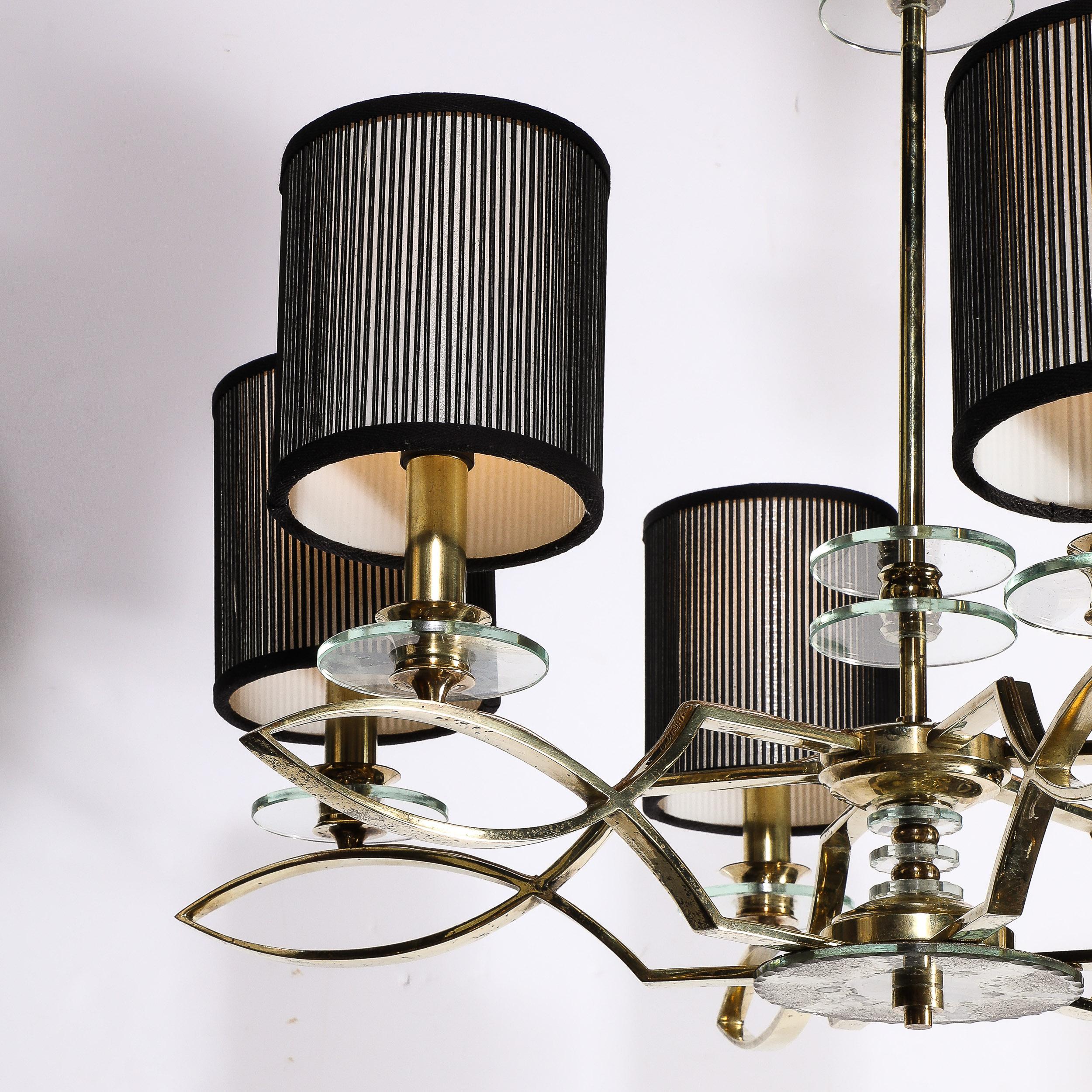 Mid-Century Modernist Six Arm Chandelier in Brass, Glass & Antiqued Mirror In Excellent Condition For Sale In New York, NY