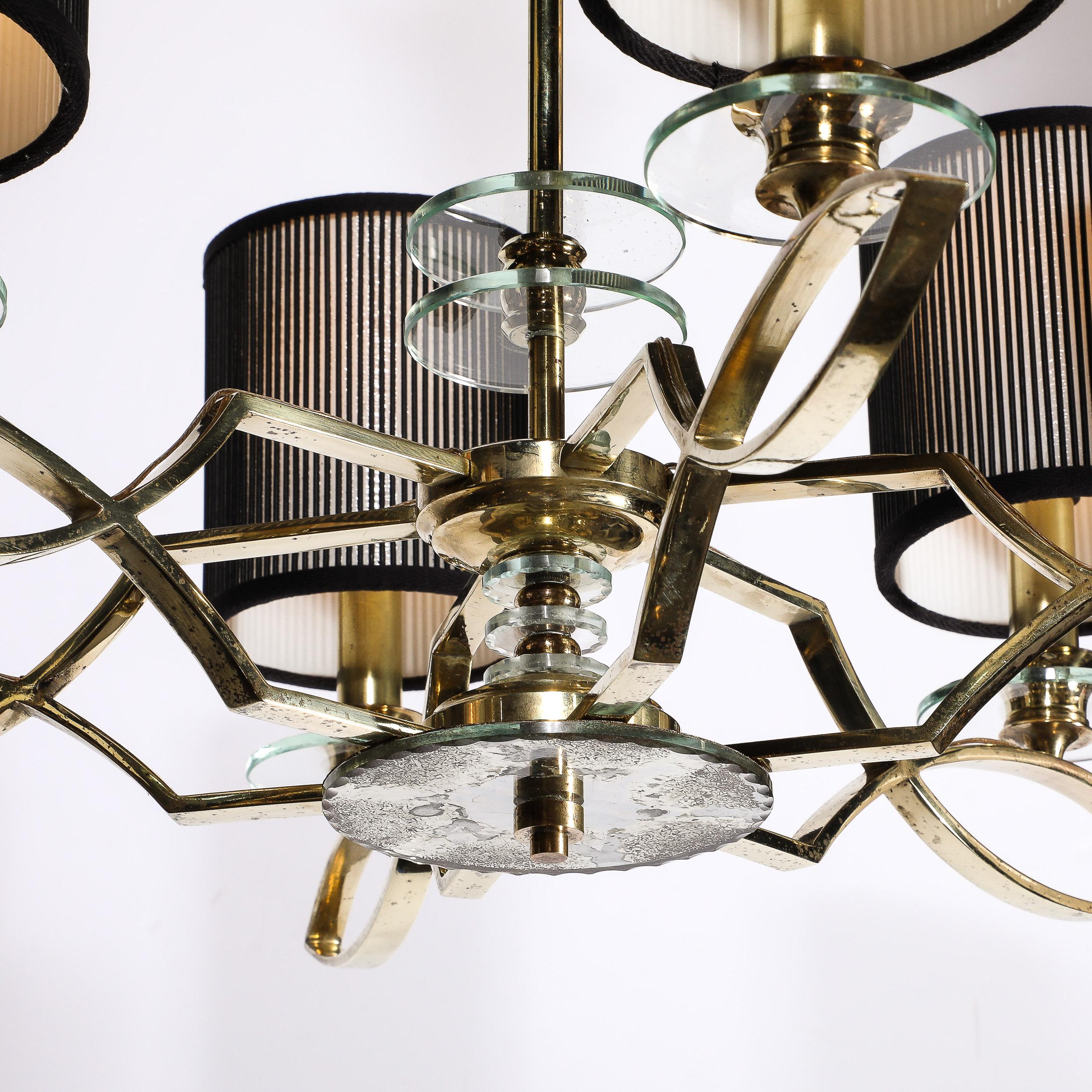 Mid-20th Century Mid-Century Modernist Six Arm Chandelier in Brass, Glass & Antiqued Mirror For Sale