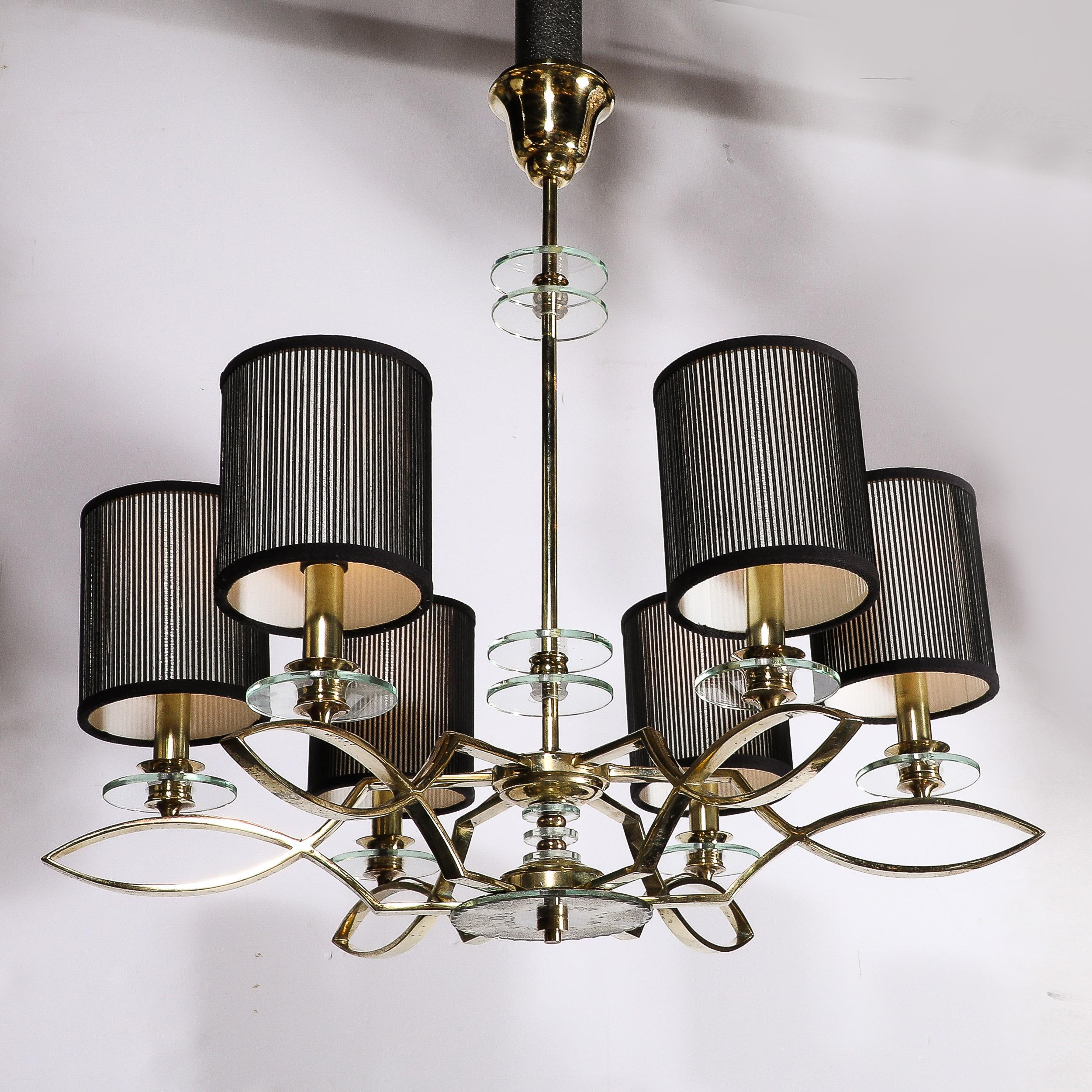 Mid-Century Modernist Six Arm Chandelier in Brass, Glass & Antiqued Mirror For Sale 1