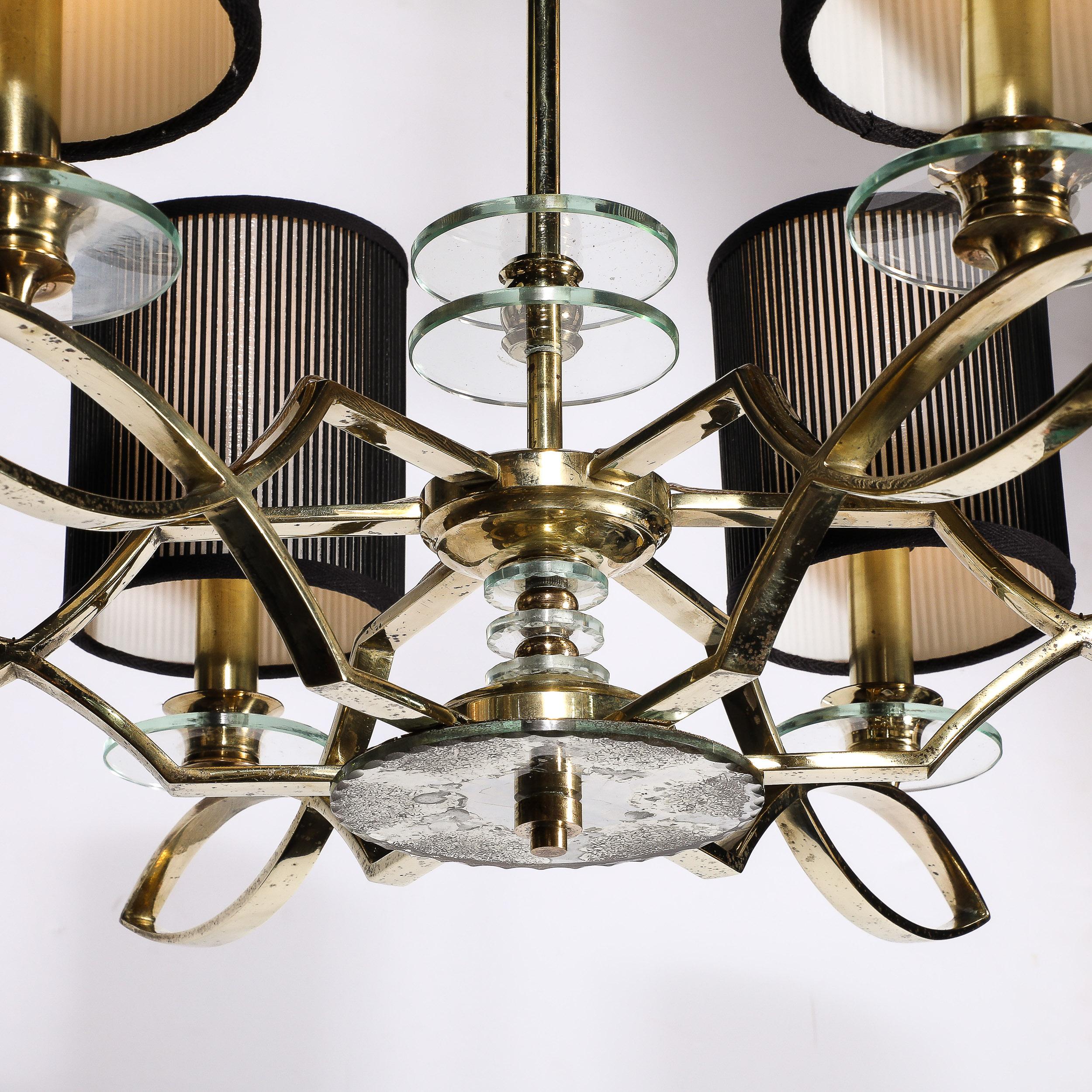 Mid-Century Modernist Six Arm Chandelier in Brass, Glass & Antiqued Mirror For Sale 3