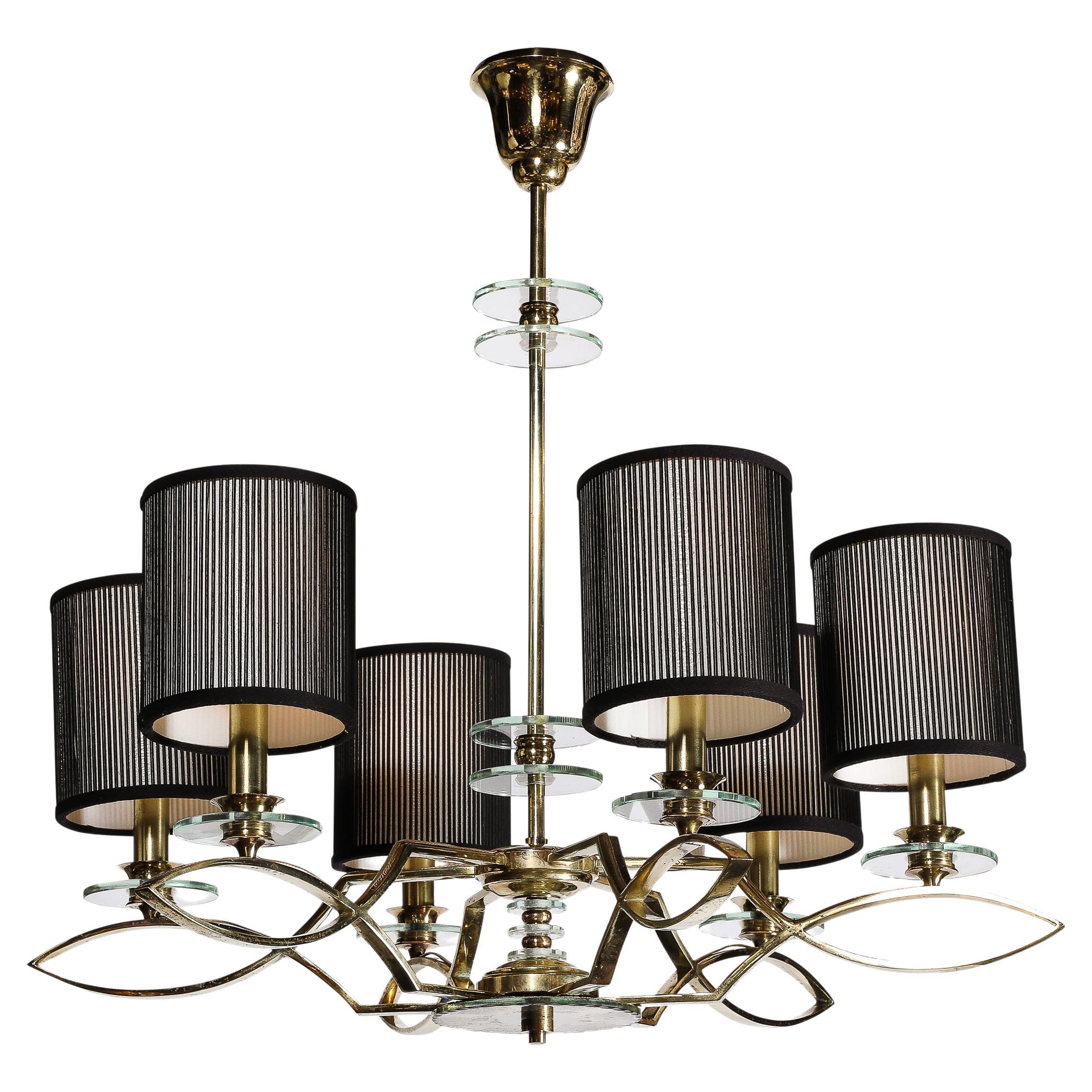 Mid-Century Modernist Six Arm Chandelier in Brass, Glass & Antiqued Mirror For Sale