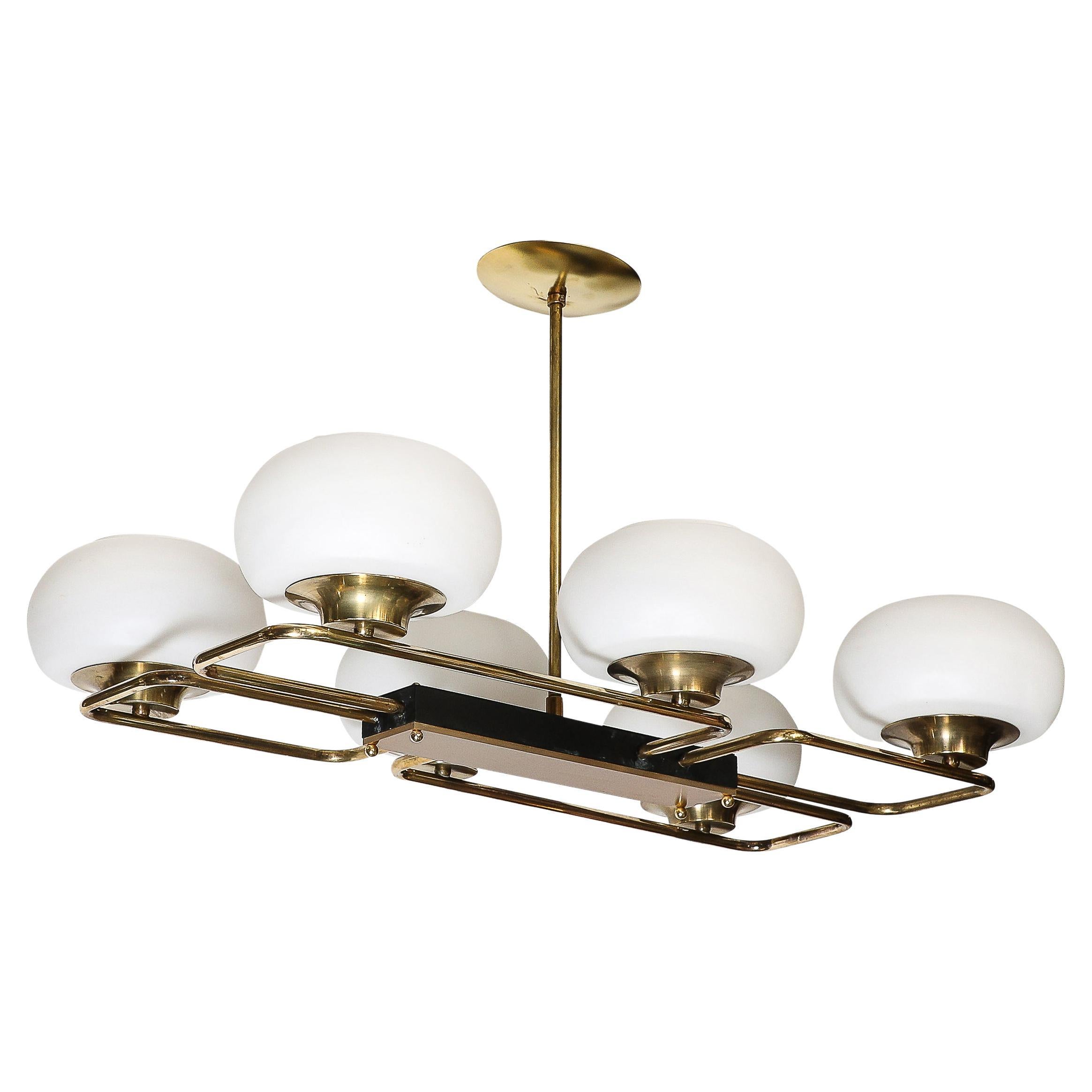 Mid-Century Modernist Six Globe Frosted Glass, Brass & Black Enamel Chandelier