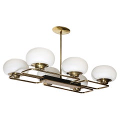 Lustre en verre dépoli, laiton et émail noir, moderniste du milieu du siècle, à six globes