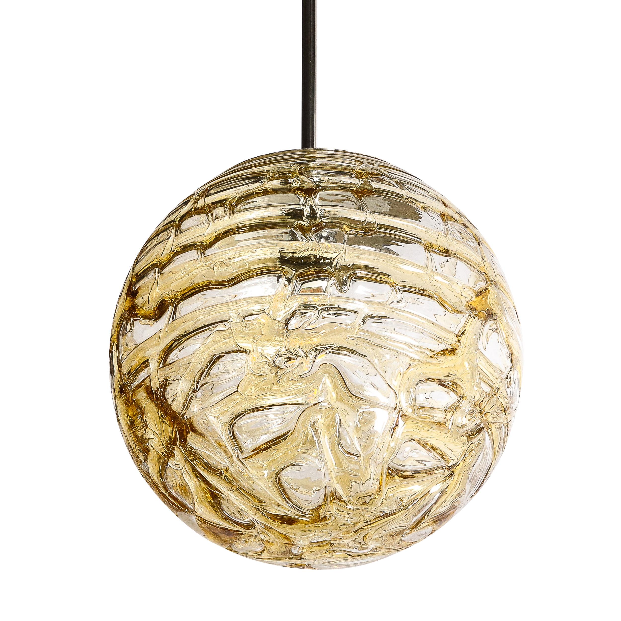 Italian Mid-Century Modernist Smoked Amber Molten Banded Murano Glass Pendant Chandelier For Sale