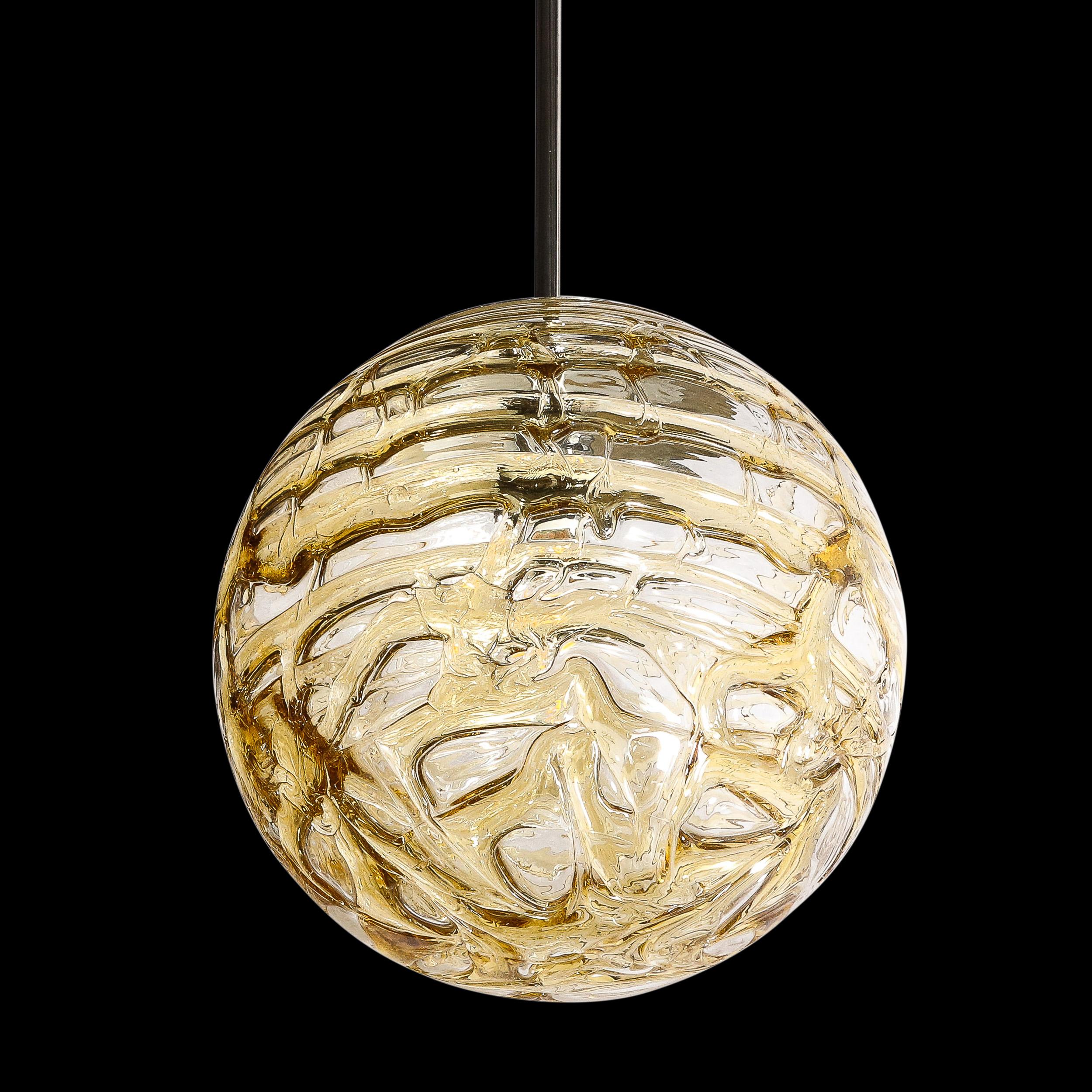 Mid-Century Modernist Smoked Amber Molten Banded Murano Glass Pendant Chandelier In Excellent Condition For Sale In New York, NY