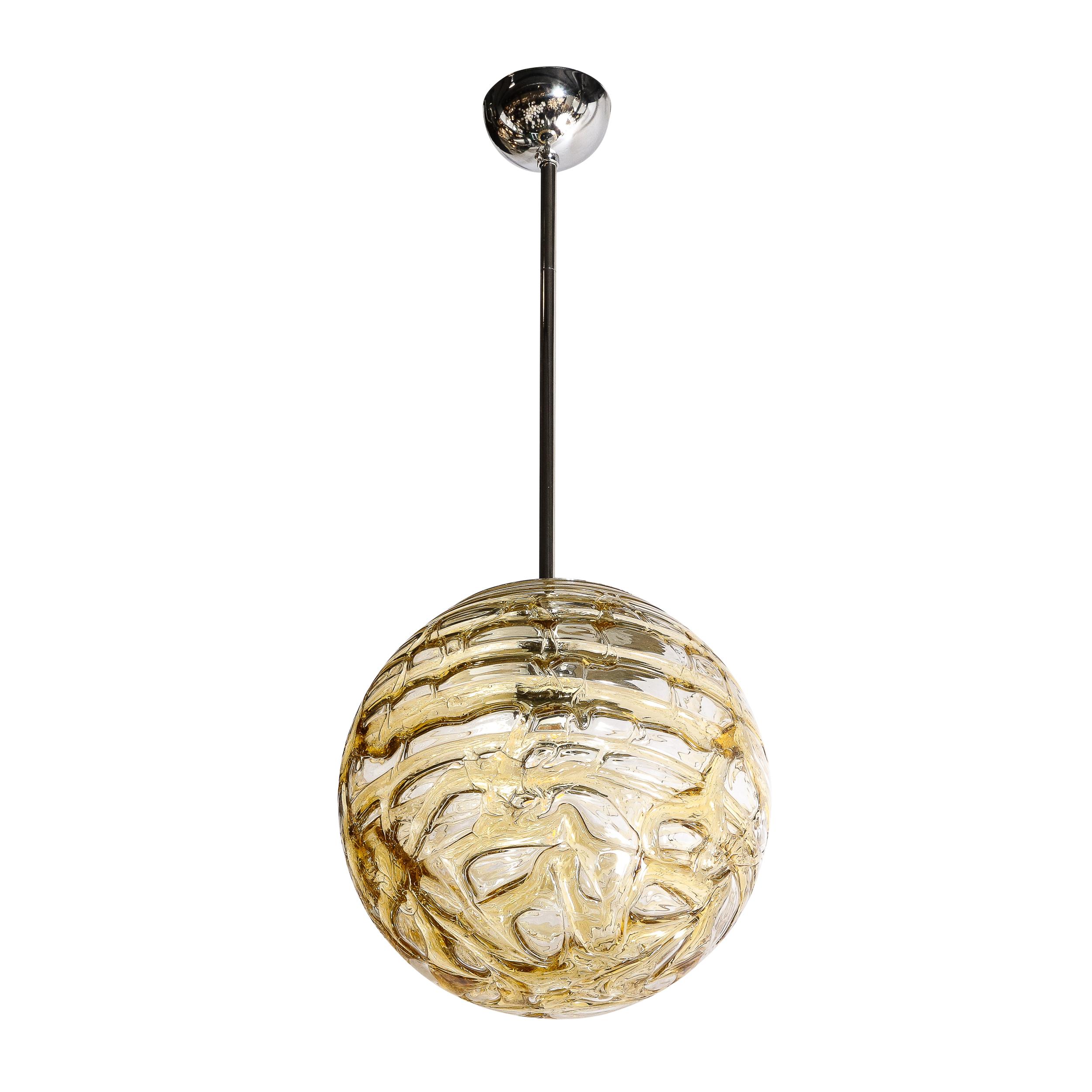 Mid-Century Modernist Smoked Amber Molten Banded Murano Glass Pendant Chandelier For Sale