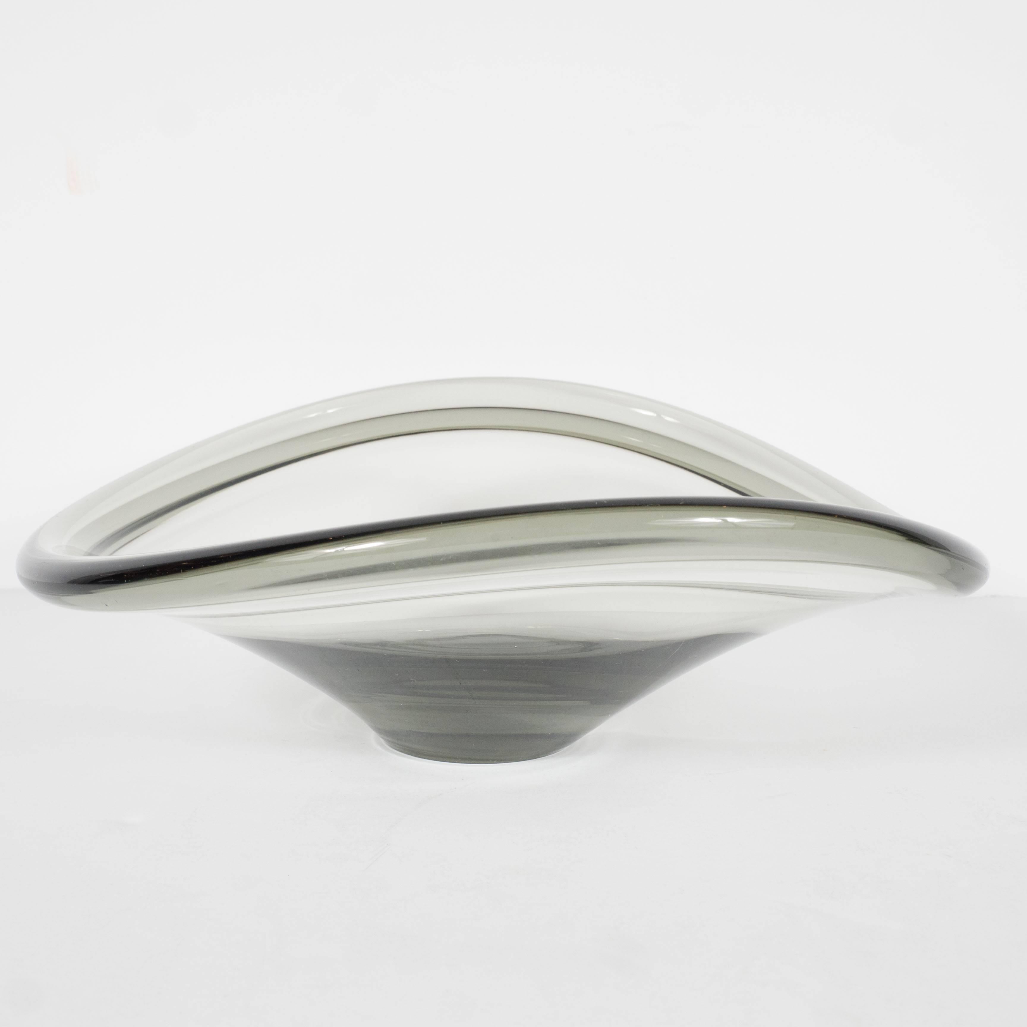 Danish Mid-Century Modernist Smoked Glass Curved Bowl by Holmegaard of Denmark For Sale