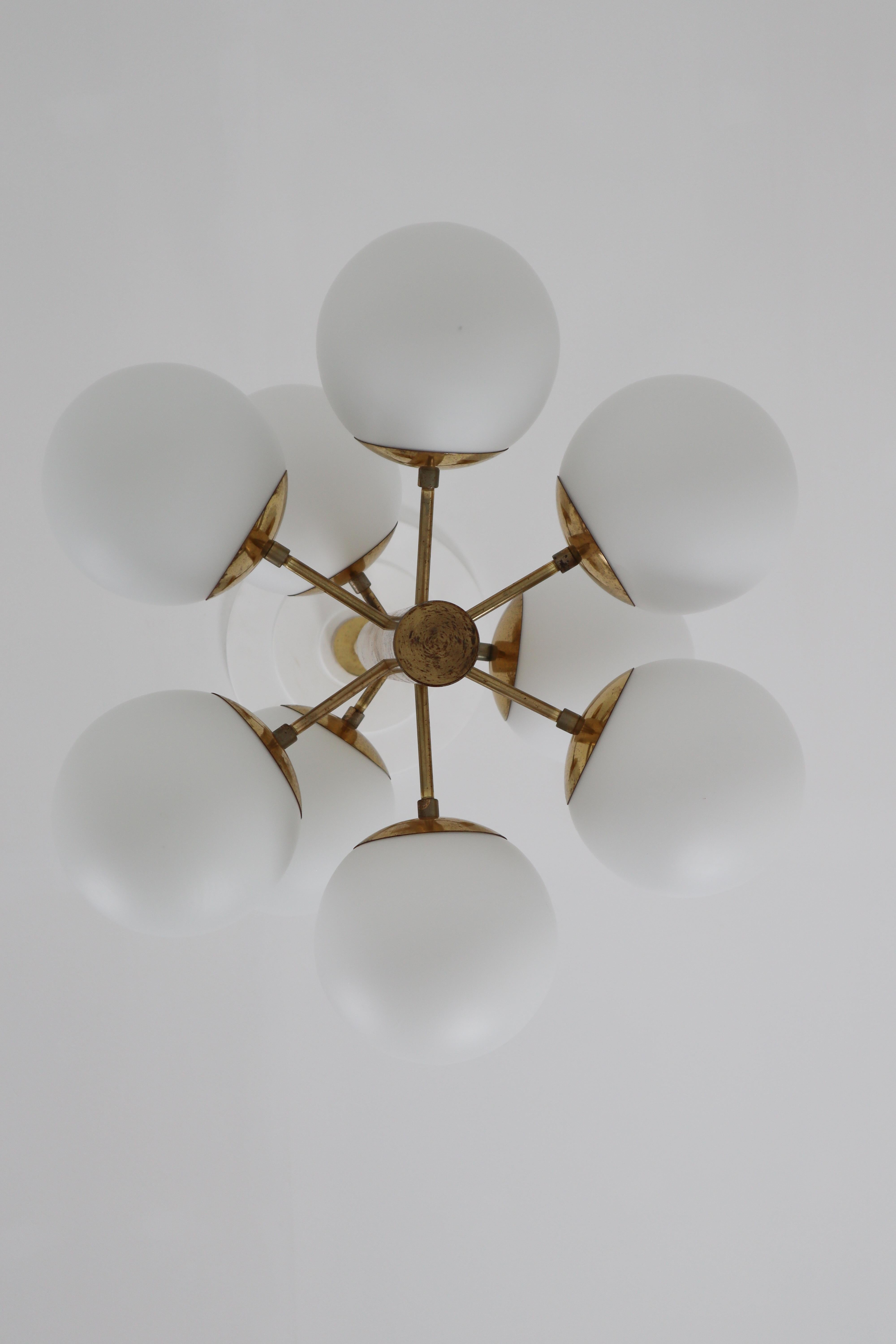 20th Century Mid-Century Modernist Sputnik Chandelier with Nine Handblown Opal Glass Globes