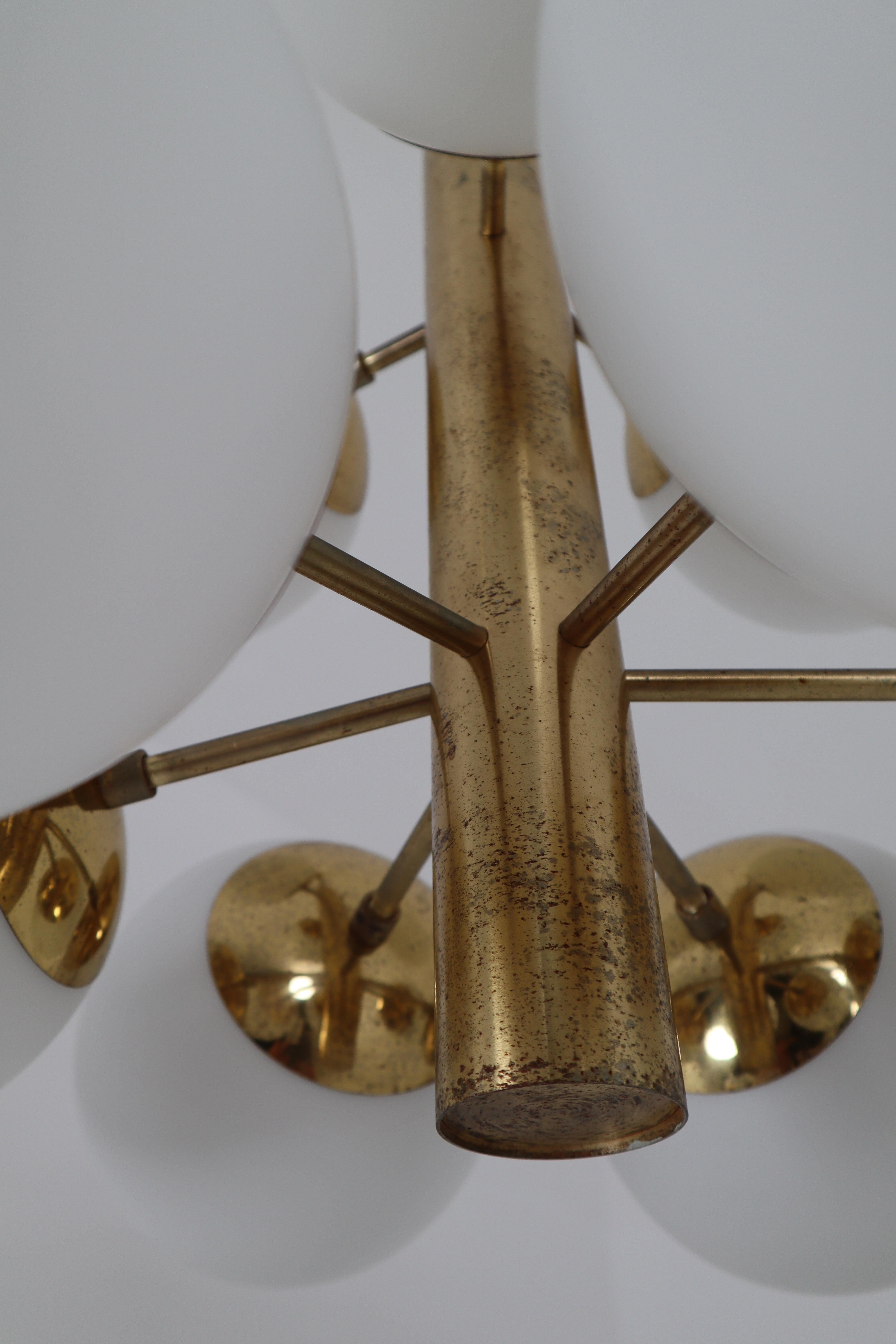 Brass Mid-Century Modernist Sputnik Chandelier with Nine Handblown Opal Glass Globes