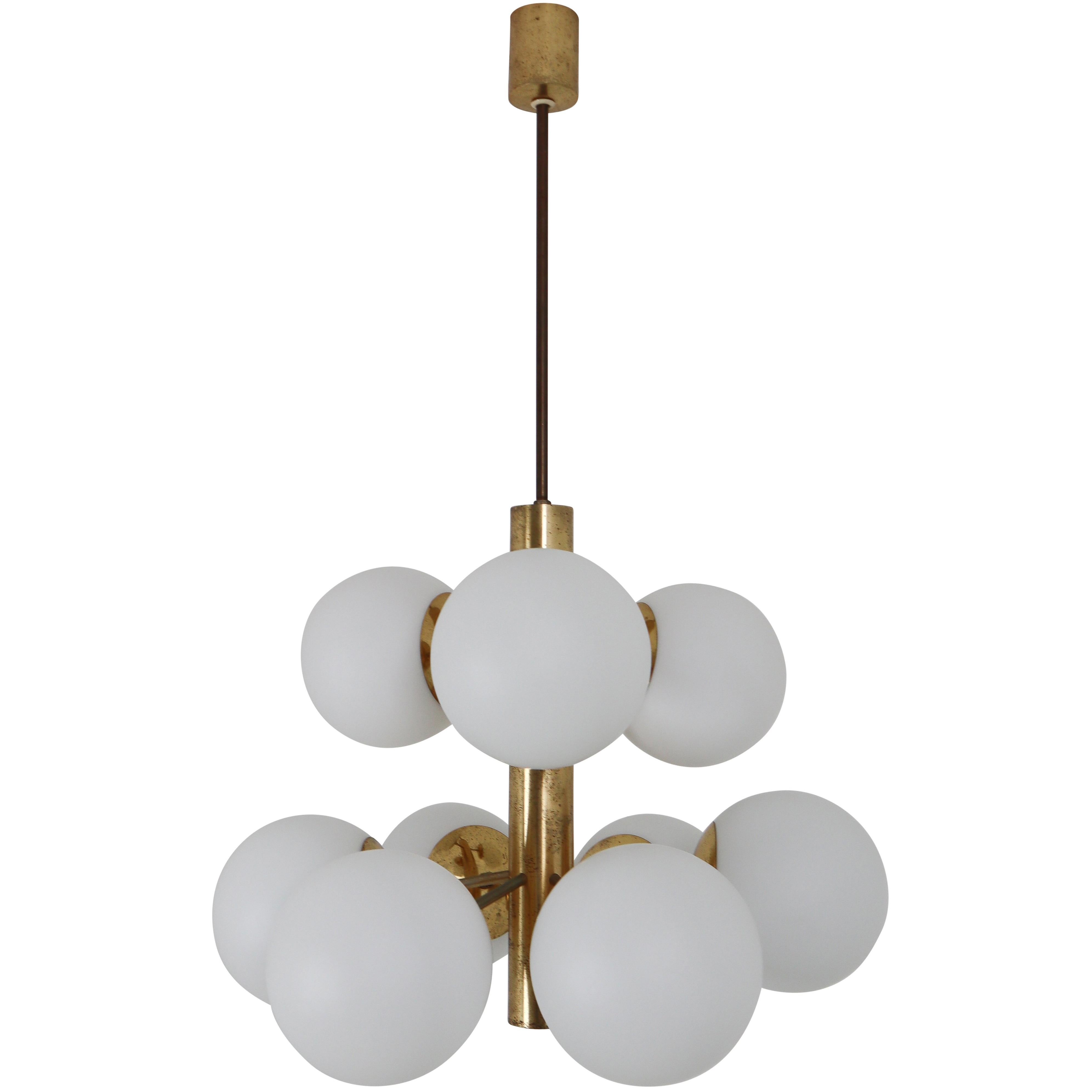 Mid-Century Modernist Sputnik Chandelier with Nine Handblown Opal Glass Globes