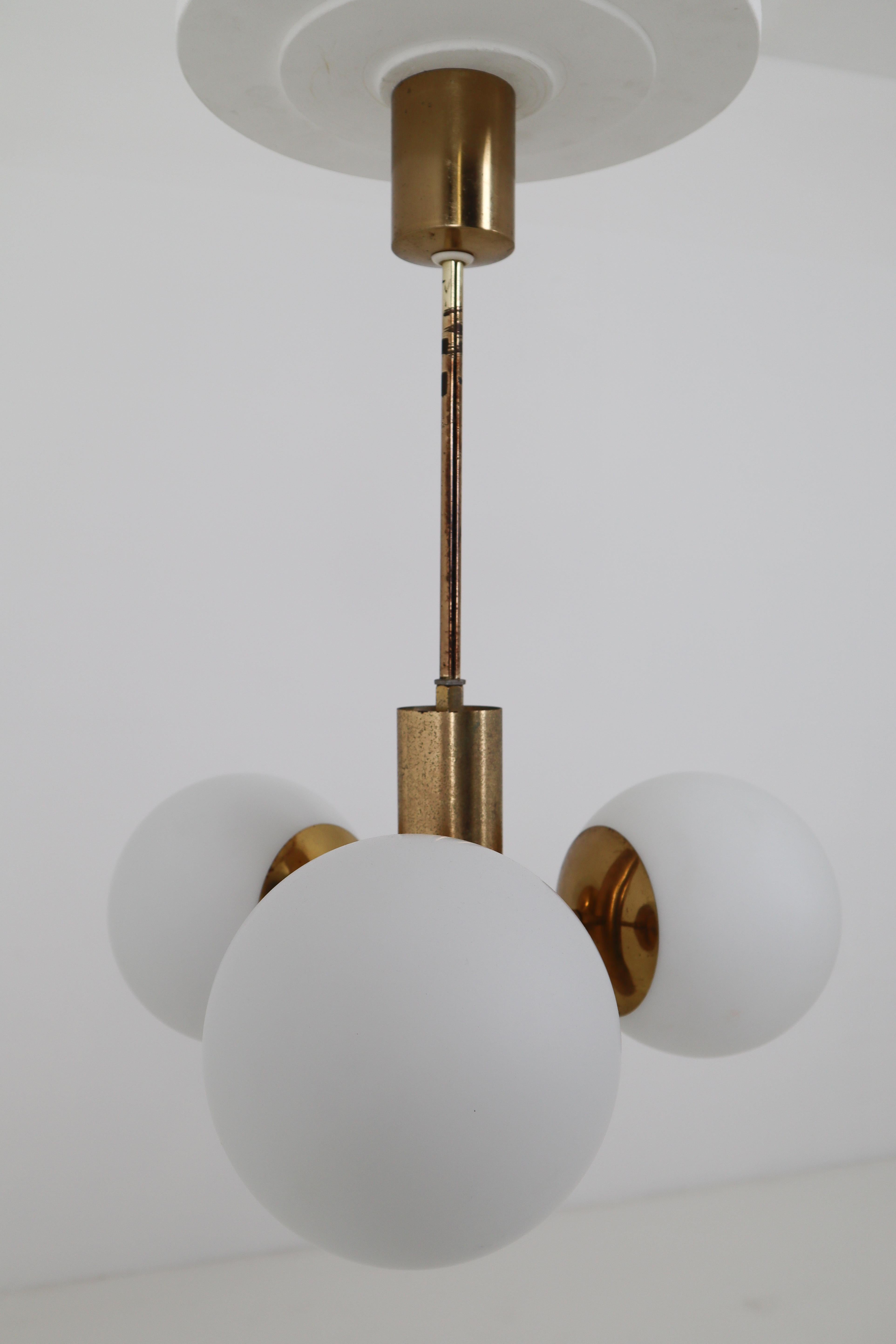German Mid-Century Modernist Sputnik Chandelier with Three Handblown Opal Glass Globes