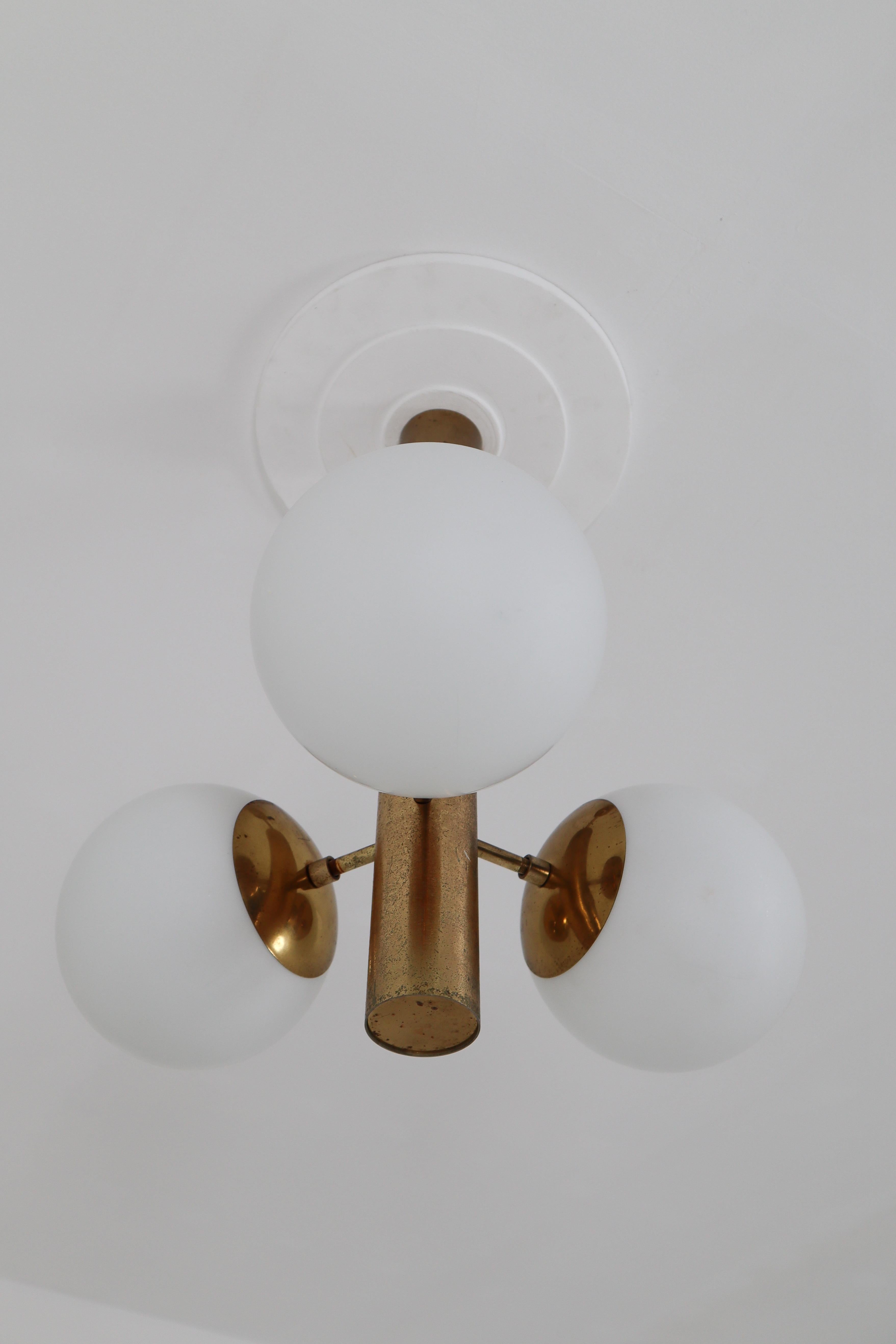 Brass Mid-Century Modernist Sputnik Chandelier with Three Handblown Opal Glass Globes