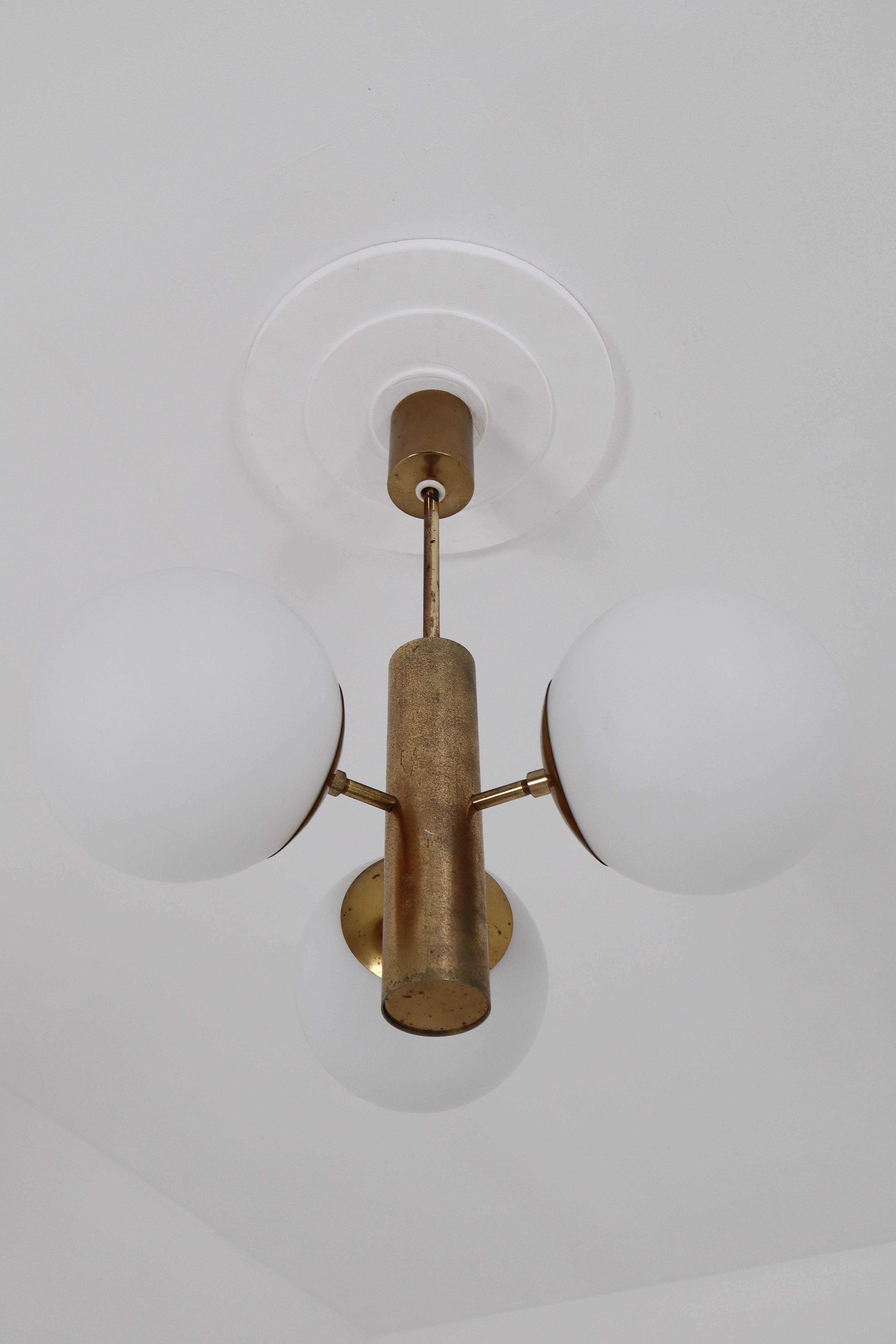 Mid-Century Modernist Sputnik Chandelier with Three Handblown Opal Glass Globes 1